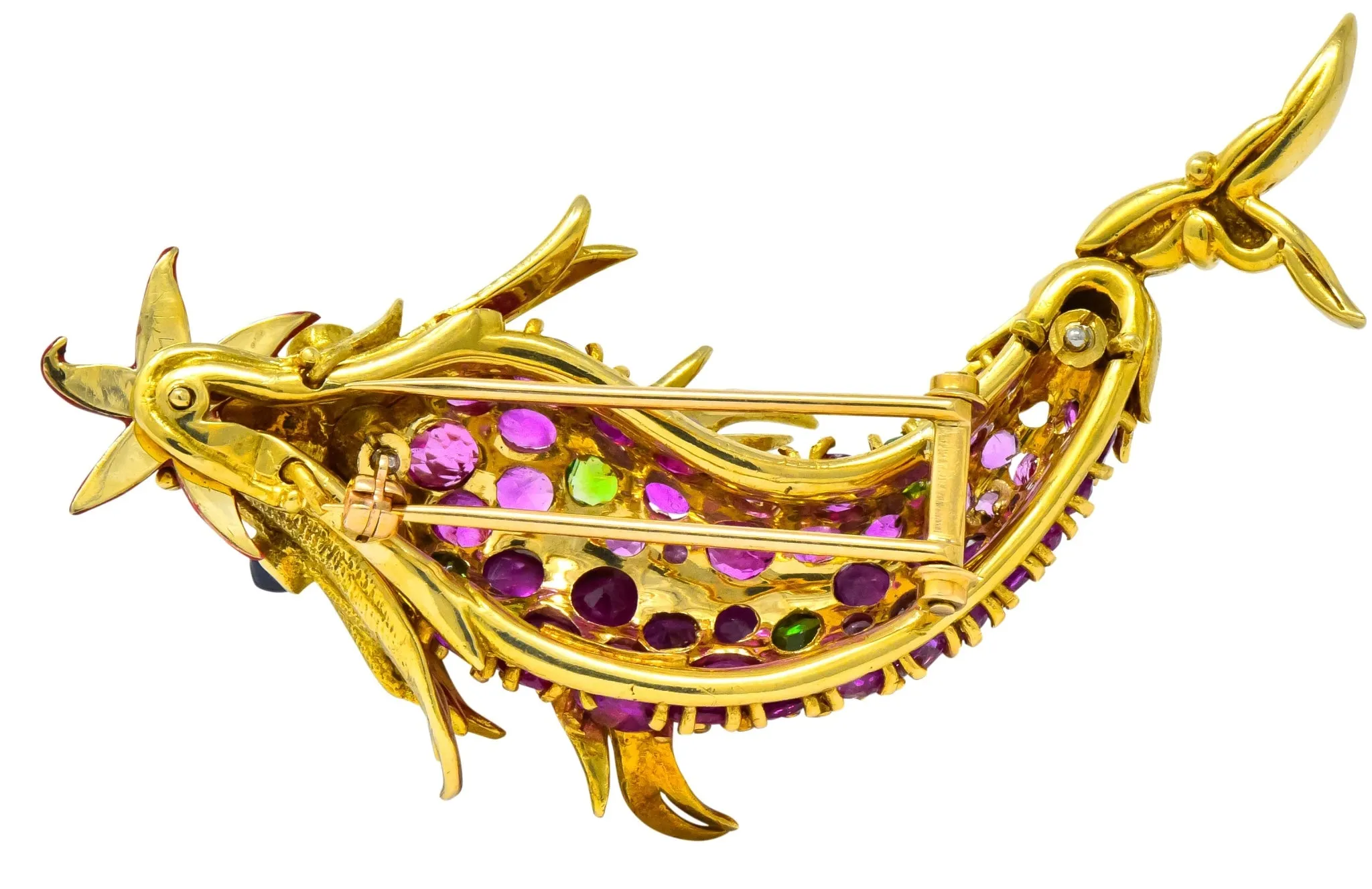 Jean Schlumberger Tiffany & Co. Retro 12.80 CTW Pink Sapphire Demantoid Garnet Enamel 18 Karat Gold Dolphin Fish Brooch