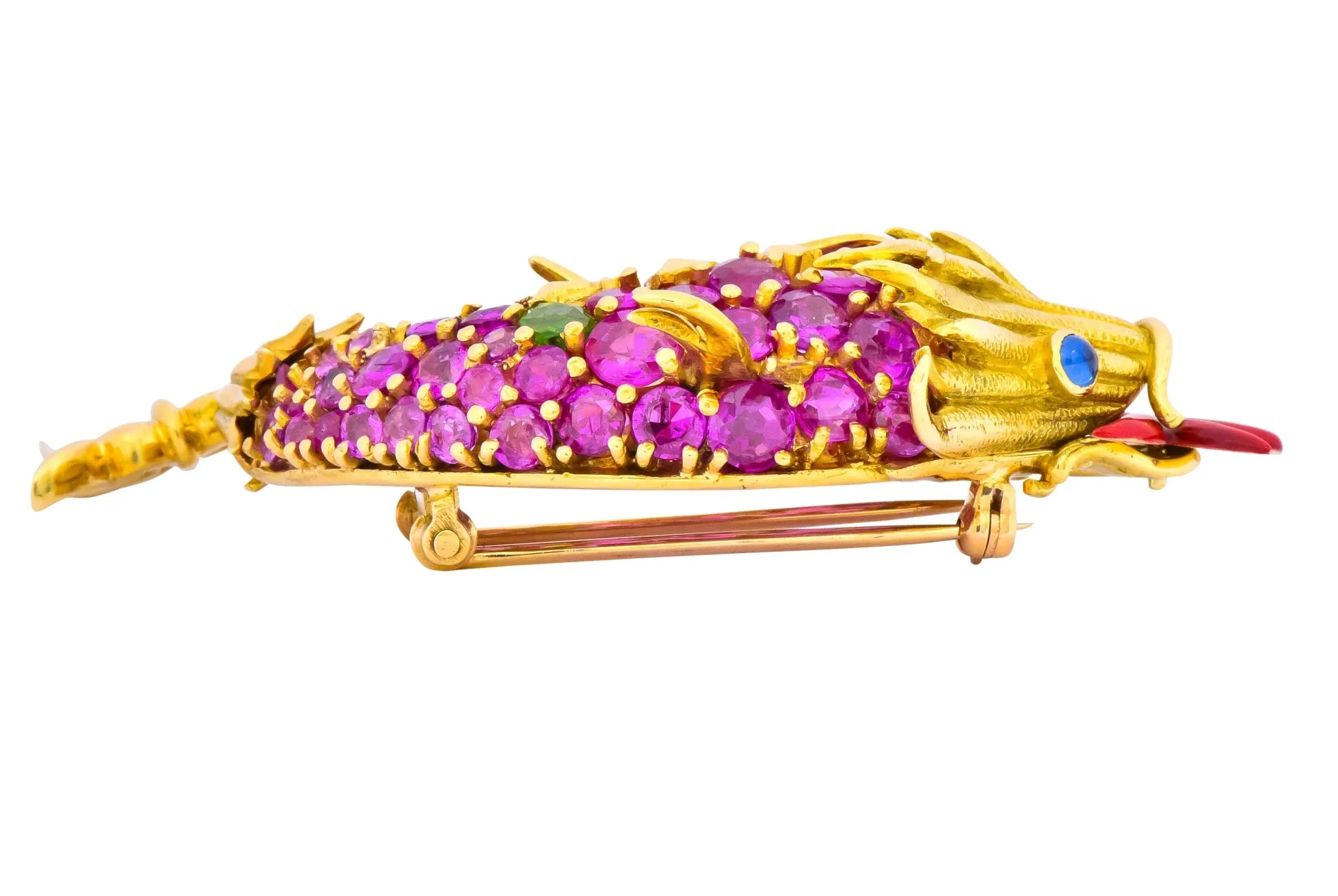 Jean Schlumberger Tiffany & Co. Retro 12.80 CTW Pink Sapphire Demantoid Garnet Enamel 18 Karat Gold Dolphin Fish Brooch