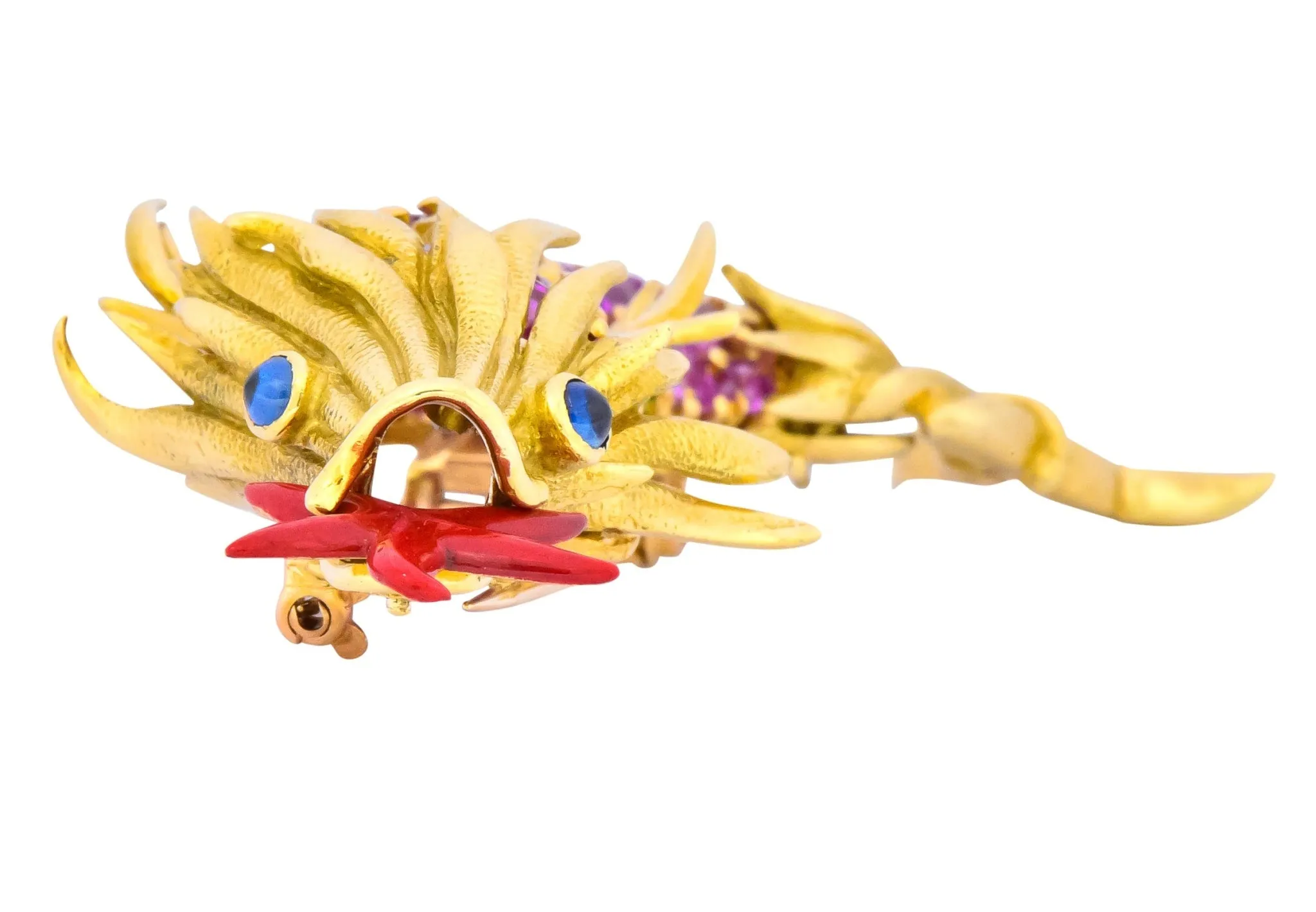 Jean Schlumberger Tiffany & Co. Retro 12.80 CTW Pink Sapphire Demantoid Garnet Enamel 18 Karat Gold Dolphin Fish Brooch