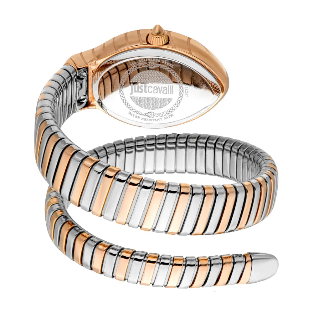 Just Cavalli Snake Shape Women's Watch - Rose Gold Color Case, Dark Green Dial, Two Tone Silver & Rose Gold Color Bracelet