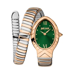 Just Cavalli Snake Shape Women's Watch - Rose Gold Color Case, Dark Green Dial, Two Tone Silver & Rose Gold Color Bracelet