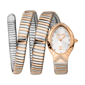 Just Cavalli Snake Shape Women's Watch - Rose Gold Color Case, Two Tone Bracelet, Silver Dial