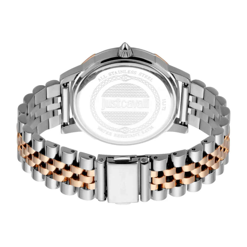 Just Cavalli Women Watch, Two Tone Rose Gold & Black Color Case, Silver Dial, Two Tone Silver & Rose Gold Color Stainless Steel Metal Bracelet