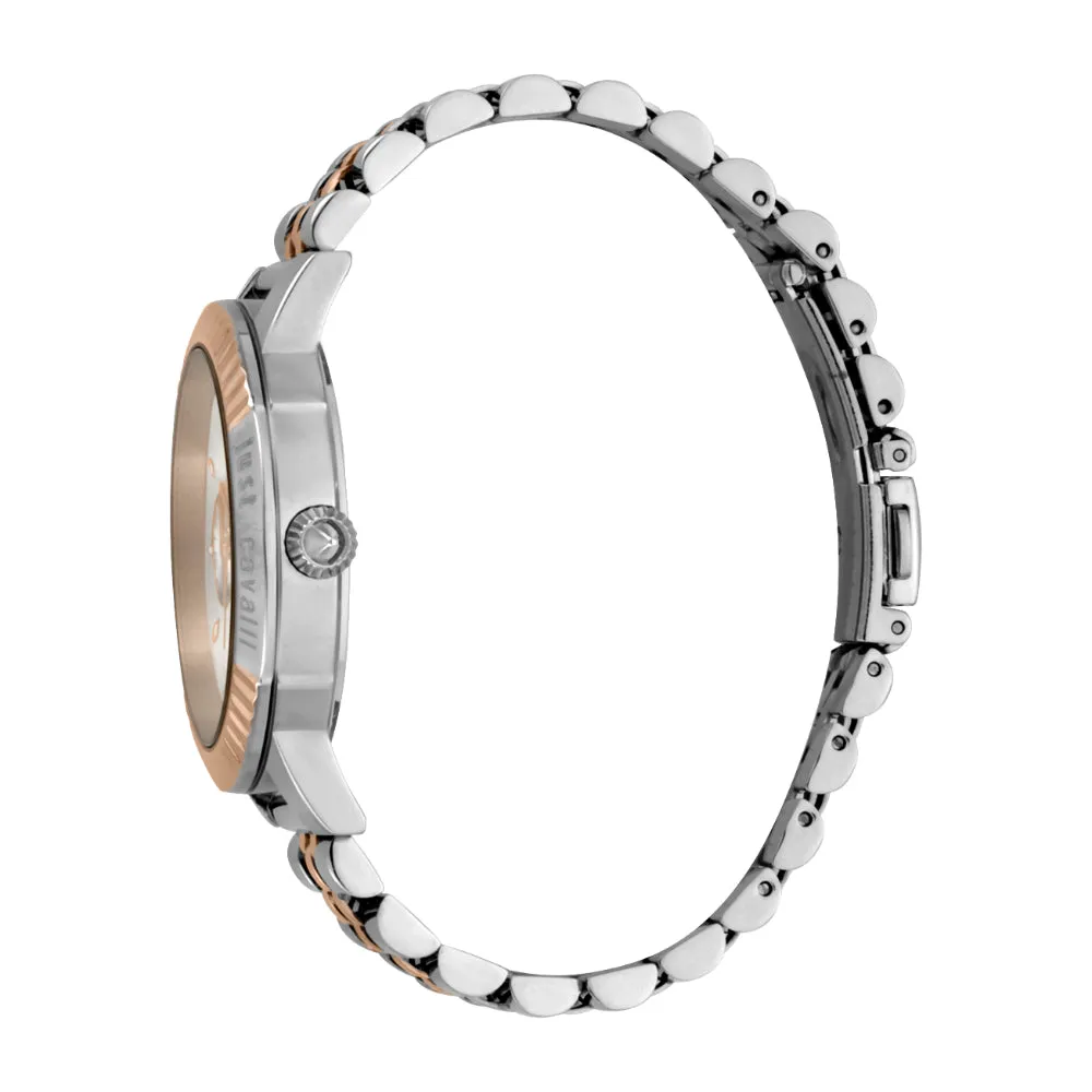 Just Cavalli Women Watch, Two Tone Rose Gold & Black Color Case, Silver Dial, Two Tone Silver & Rose Gold Color Stainless Steel Metal Bracelet