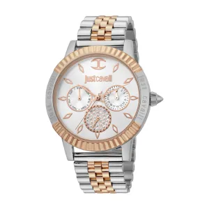 Just Cavalli Women Watch, Two Tone Rose Gold & Black Color Case, Silver Dial, Two Tone Silver & Rose Gold Color Stainless Steel Metal Bracelet