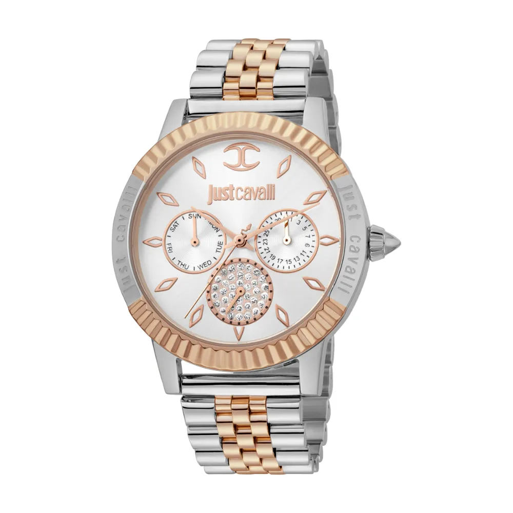 Just Cavalli Women Watch, Two Tone Rose Gold & Black Color Case, Silver Dial, Two Tone Silver & Rose Gold Color Stainless Steel Metal Bracelet