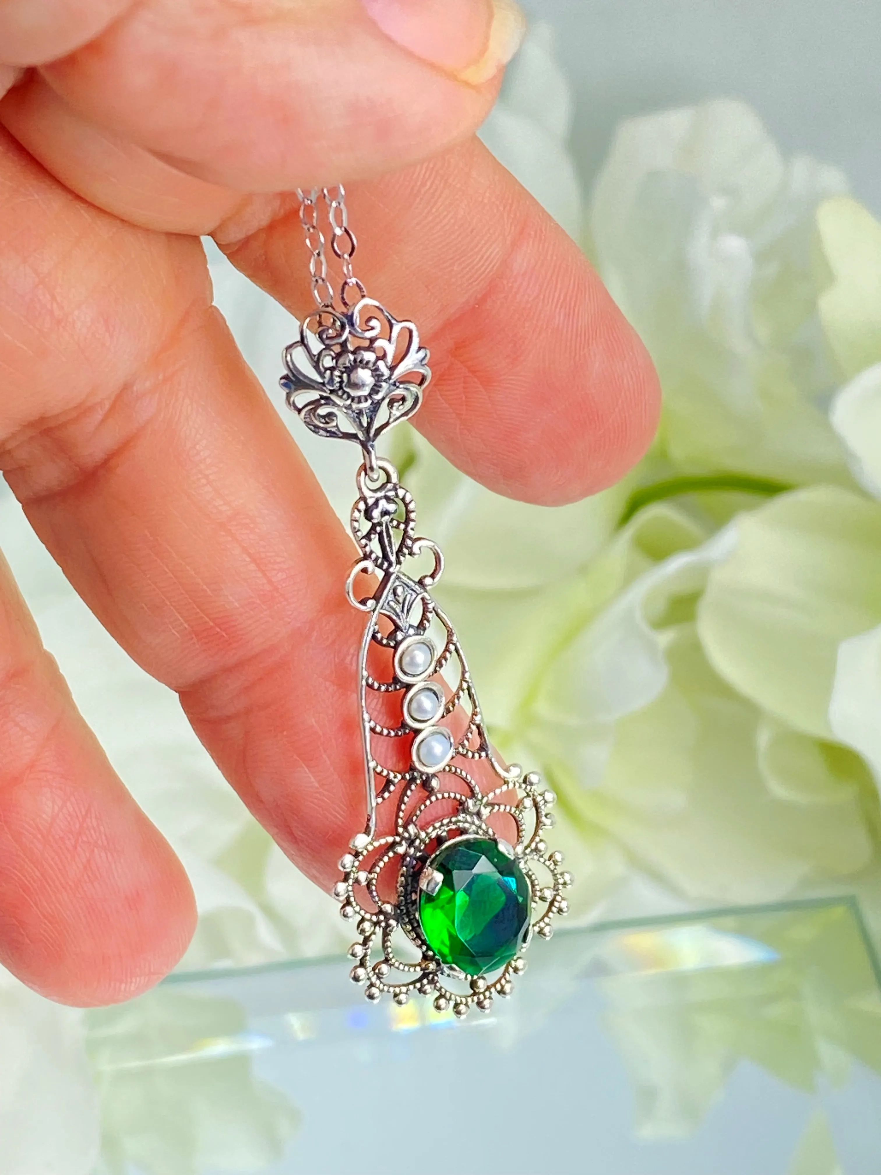 Lavaliere Pendant, Green Emerald Necklace #P17 - Ready to Ship