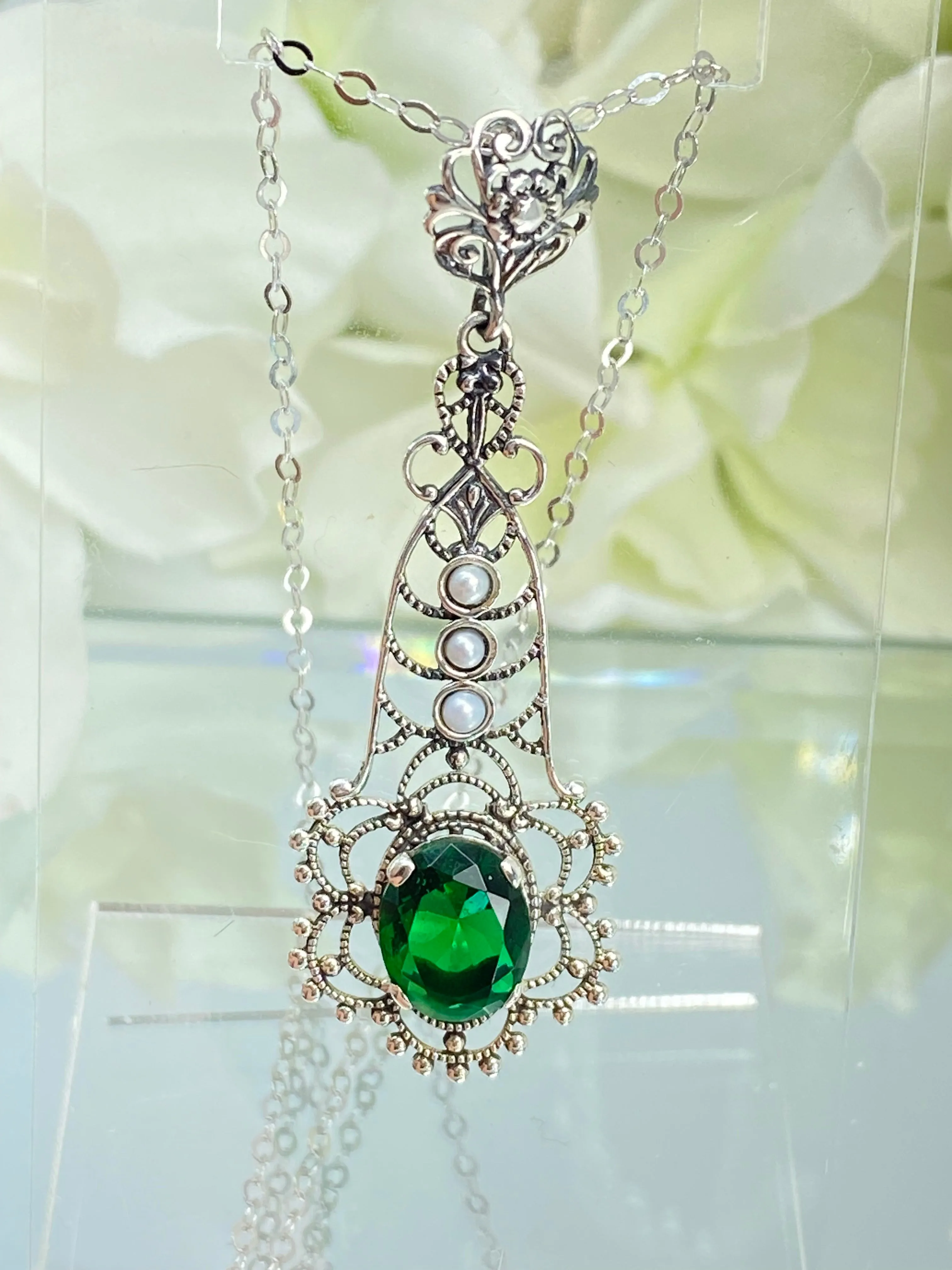 Lavaliere Pendant, Green Emerald Necklace #P17 - Ready to Ship