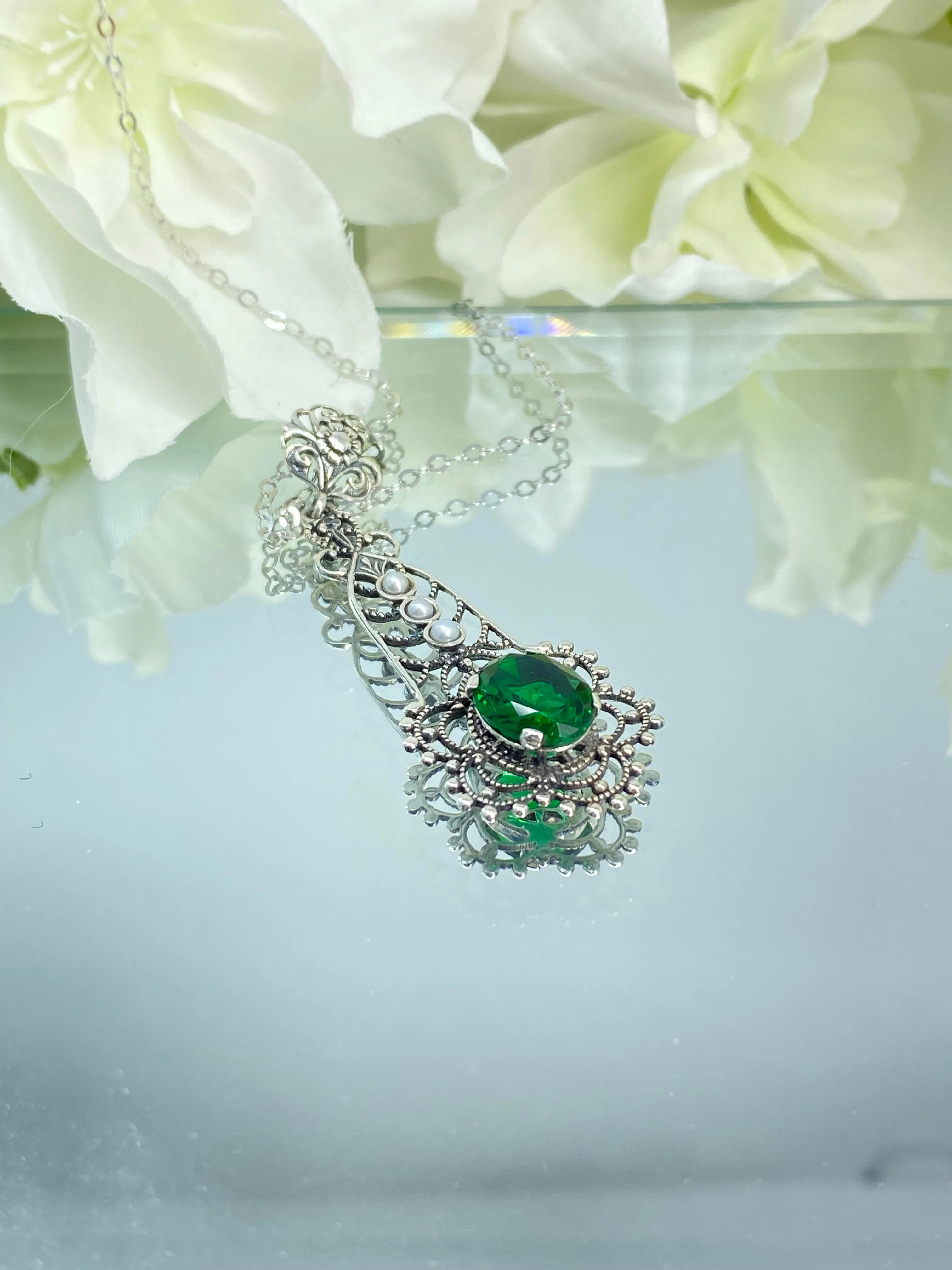 Lavaliere Pendant, Green Emerald Necklace #P17 - Ready to Ship
