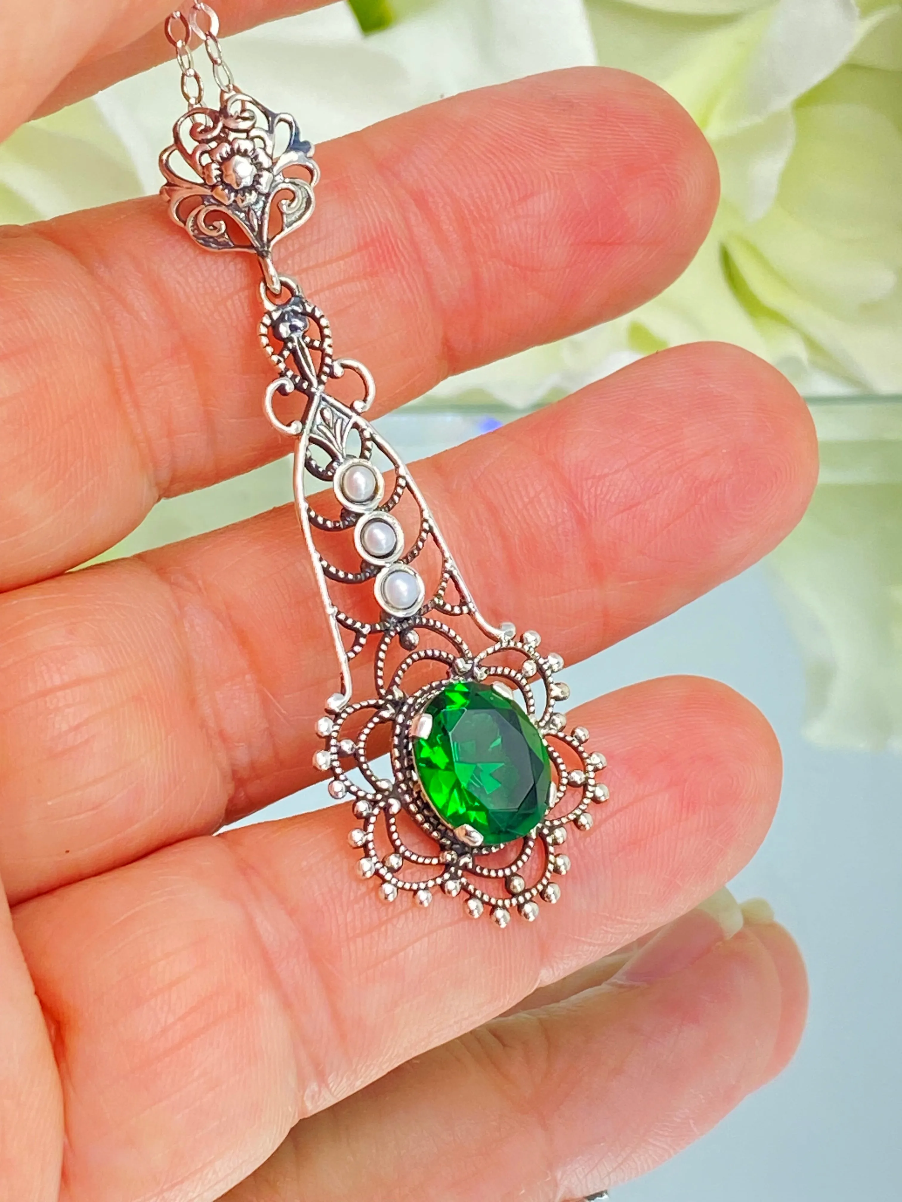 Lavaliere Pendant, Green Emerald Necklace #P17 - Ready to Ship