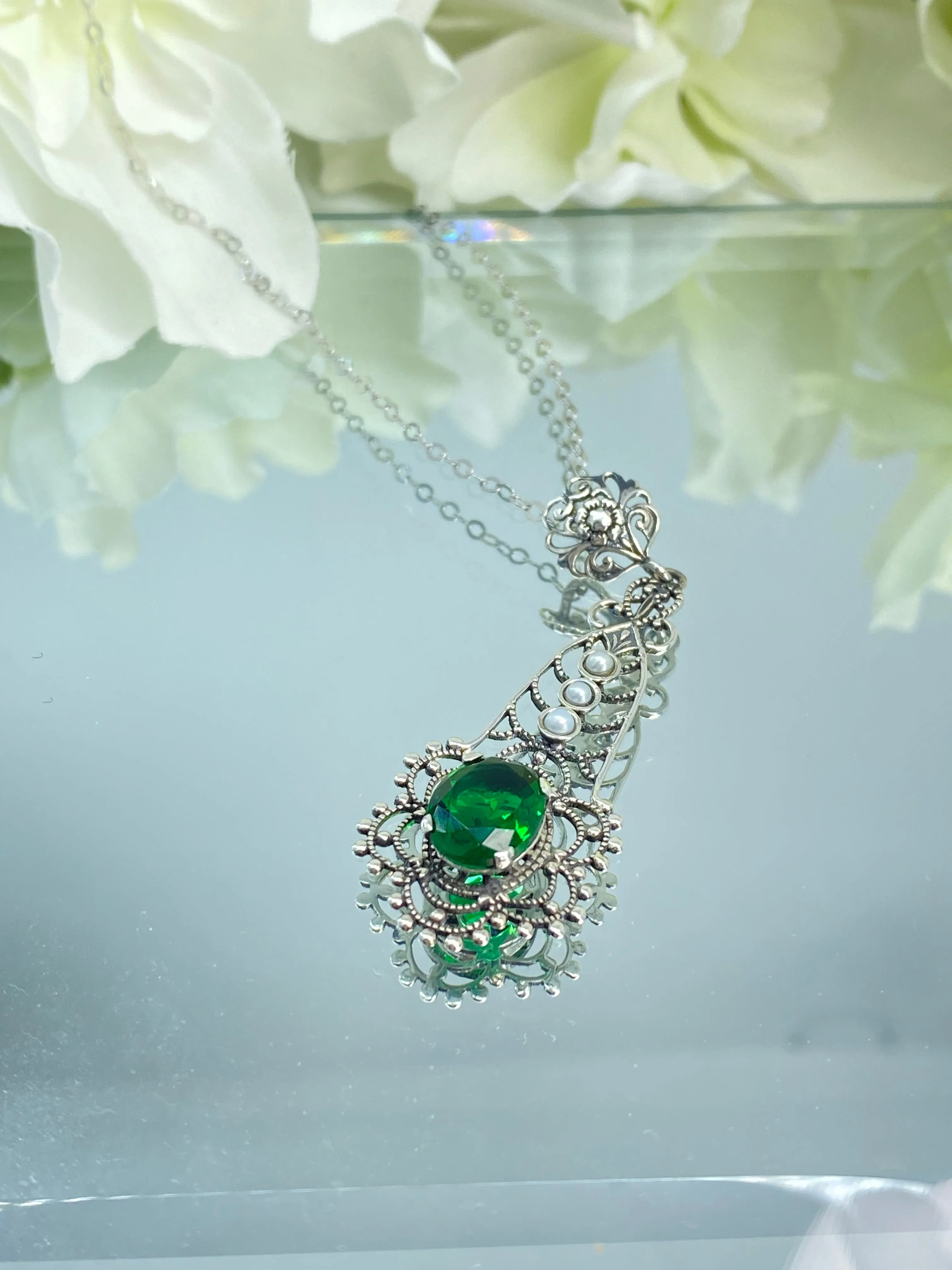 Lavaliere Pendant, Green Emerald Necklace #P17 - Ready to Ship