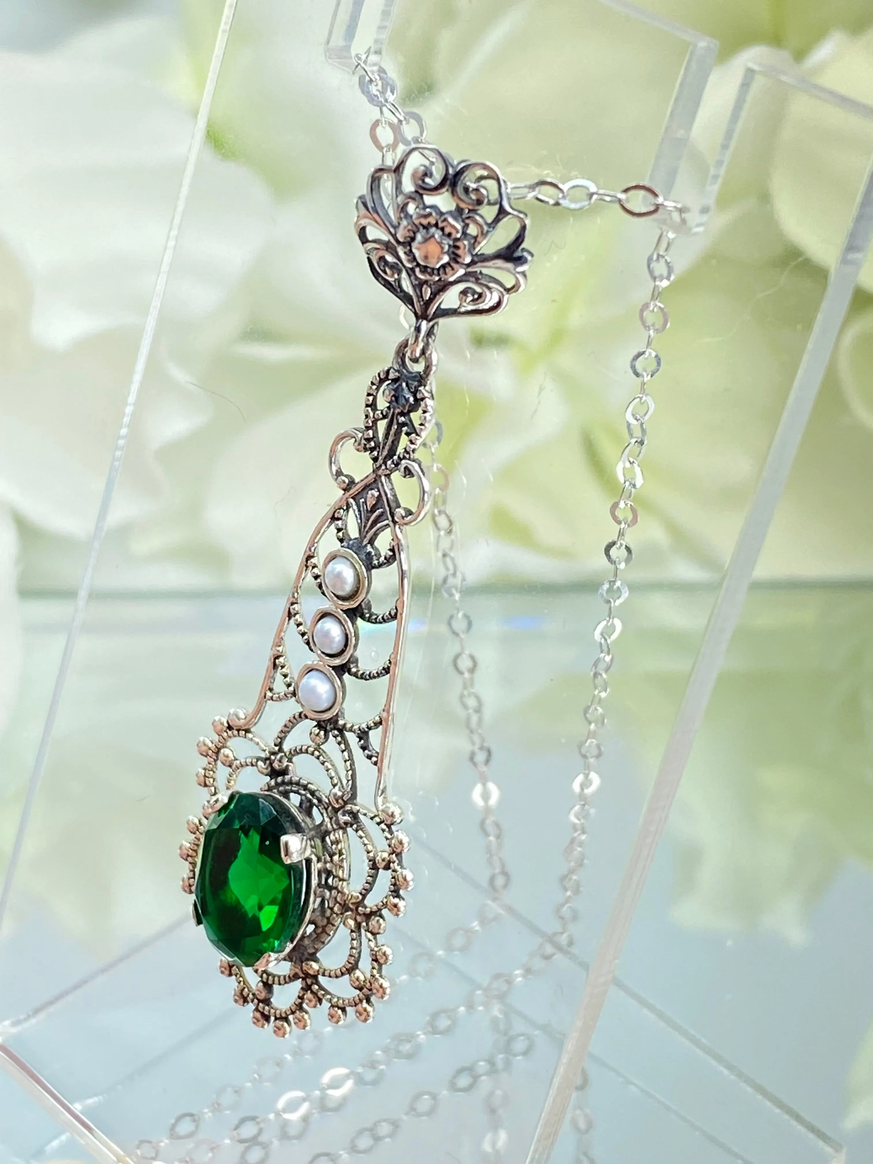 Lavaliere Pendant, Green Emerald Necklace #P17 - Ready to Ship