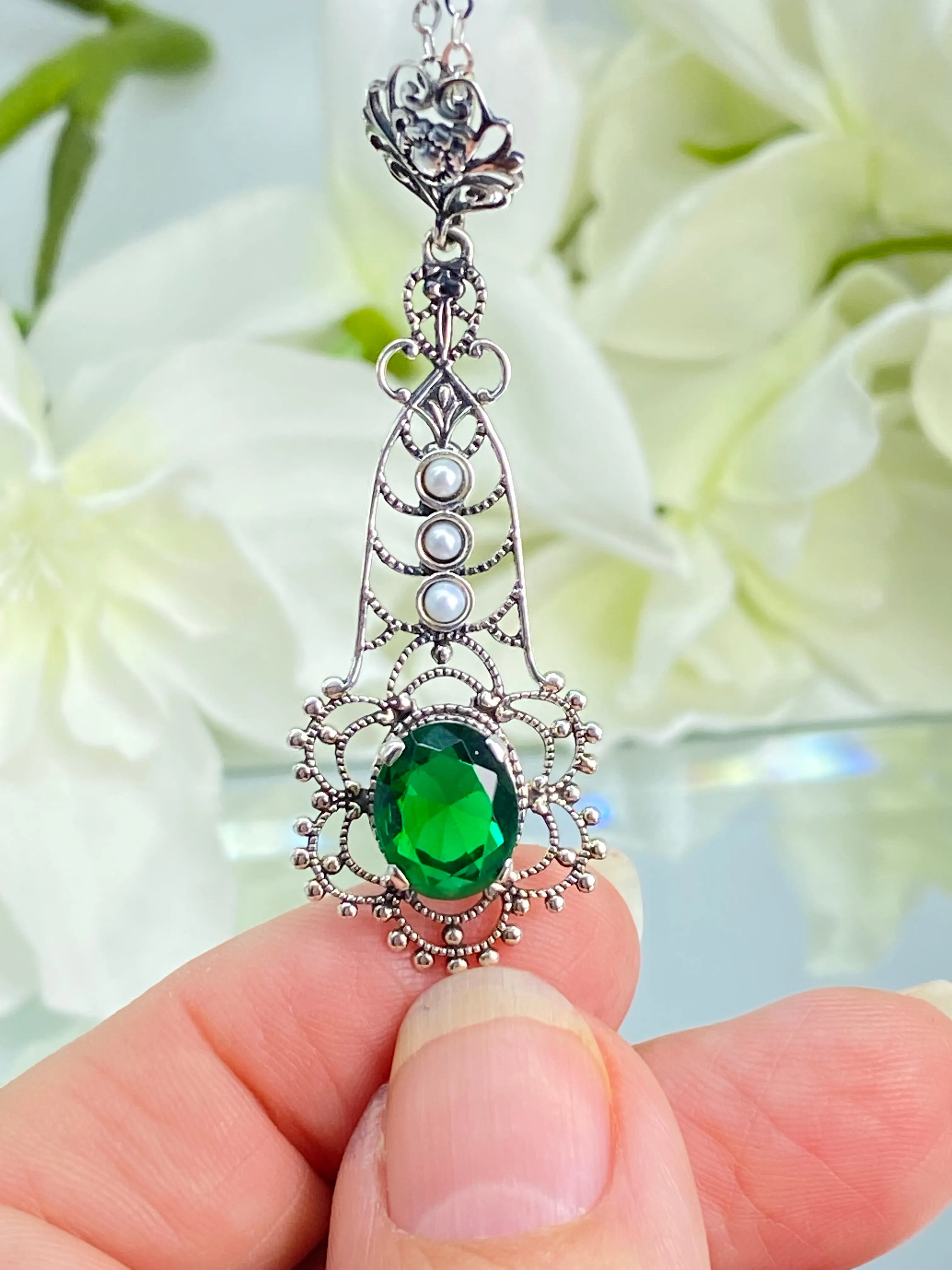 Lavaliere Pendant, Green Emerald Necklace #P17 - Ready to Ship