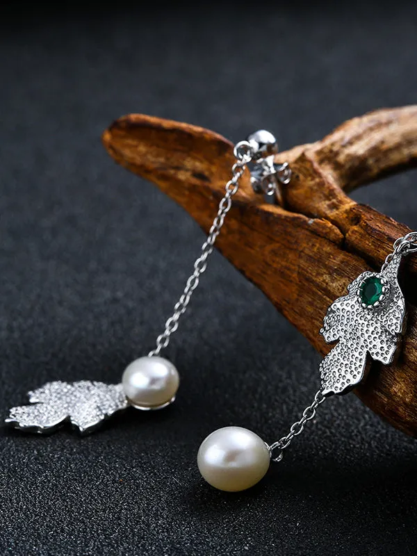 Leaf Pattern Asymmetric Pearl Earrings