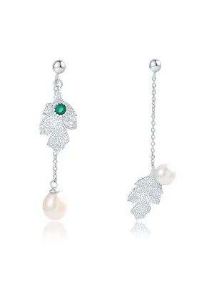 Leaf Pattern Asymmetric Pearl Earrings