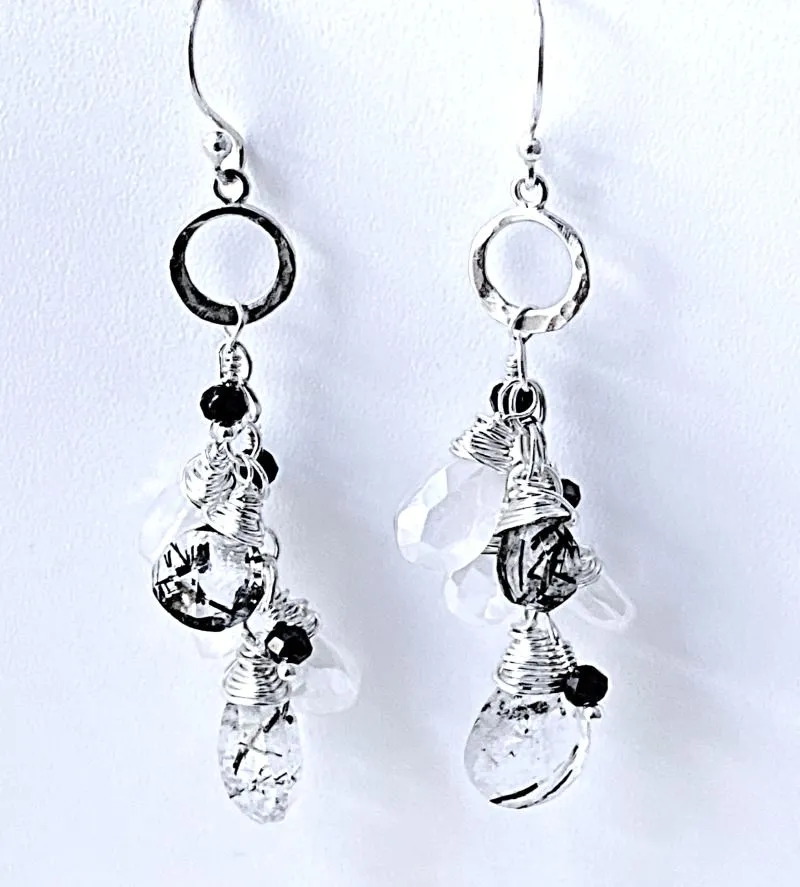 Long Moonstone and Rutilated Quartz Earrings