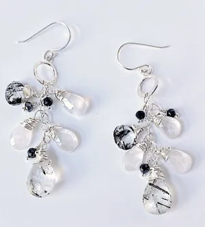 Long Moonstone and Rutilated Quartz Earrings