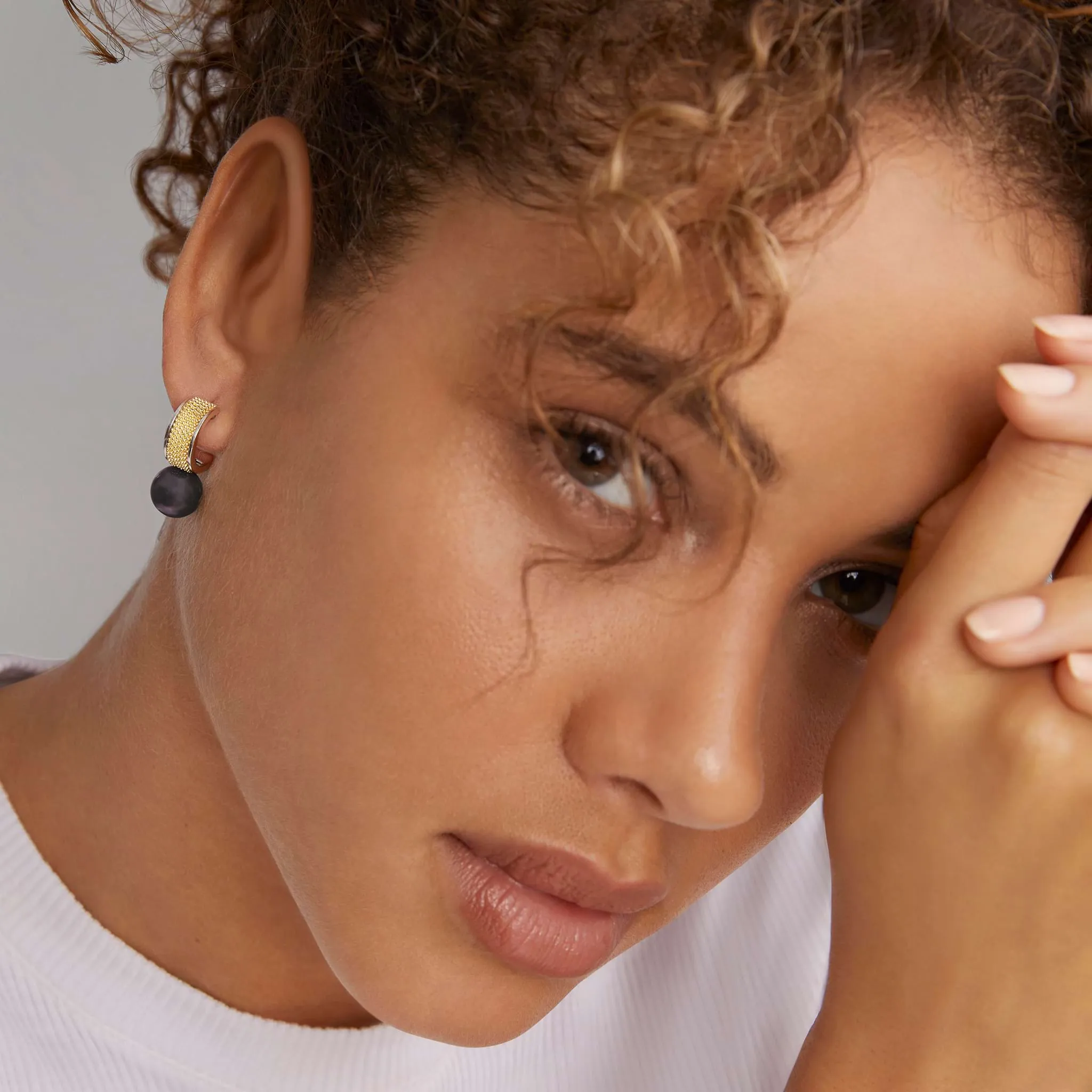 Luna Two-Tone Tahitian Black Pearl Hoop Earrings