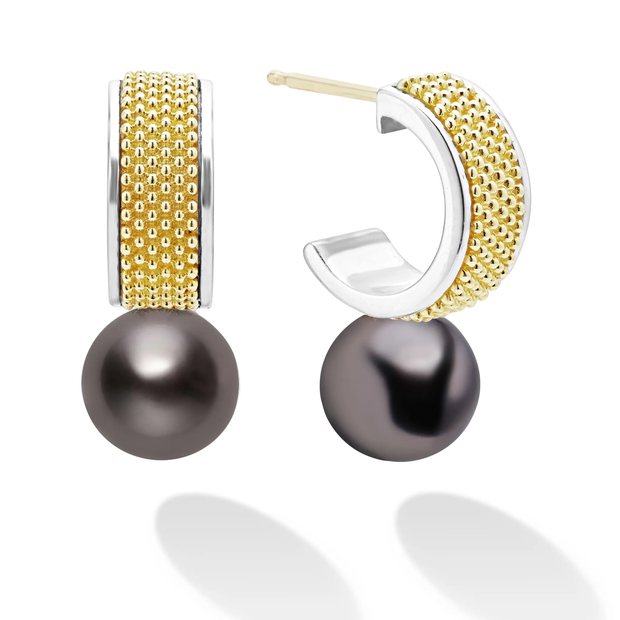 Luna Two-Tone Tahitian Black Pearl Hoop Earrings