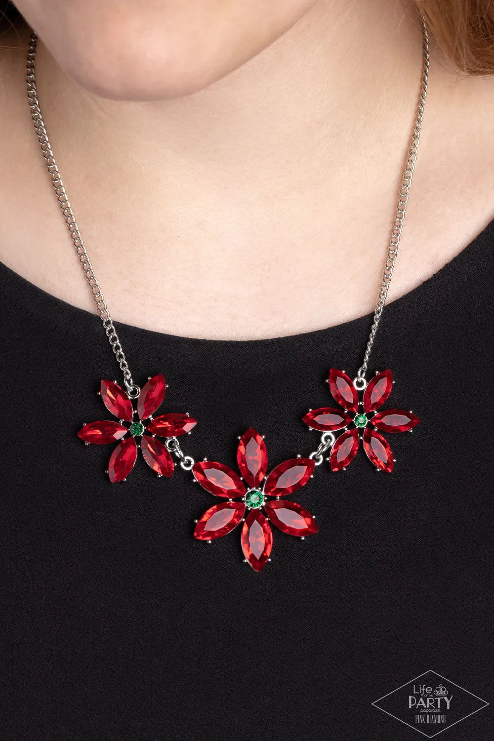 Meadow Muse - Multi - Red and Green Flower Paparazzi Short Necklace - Pink Diamond Exclusive
