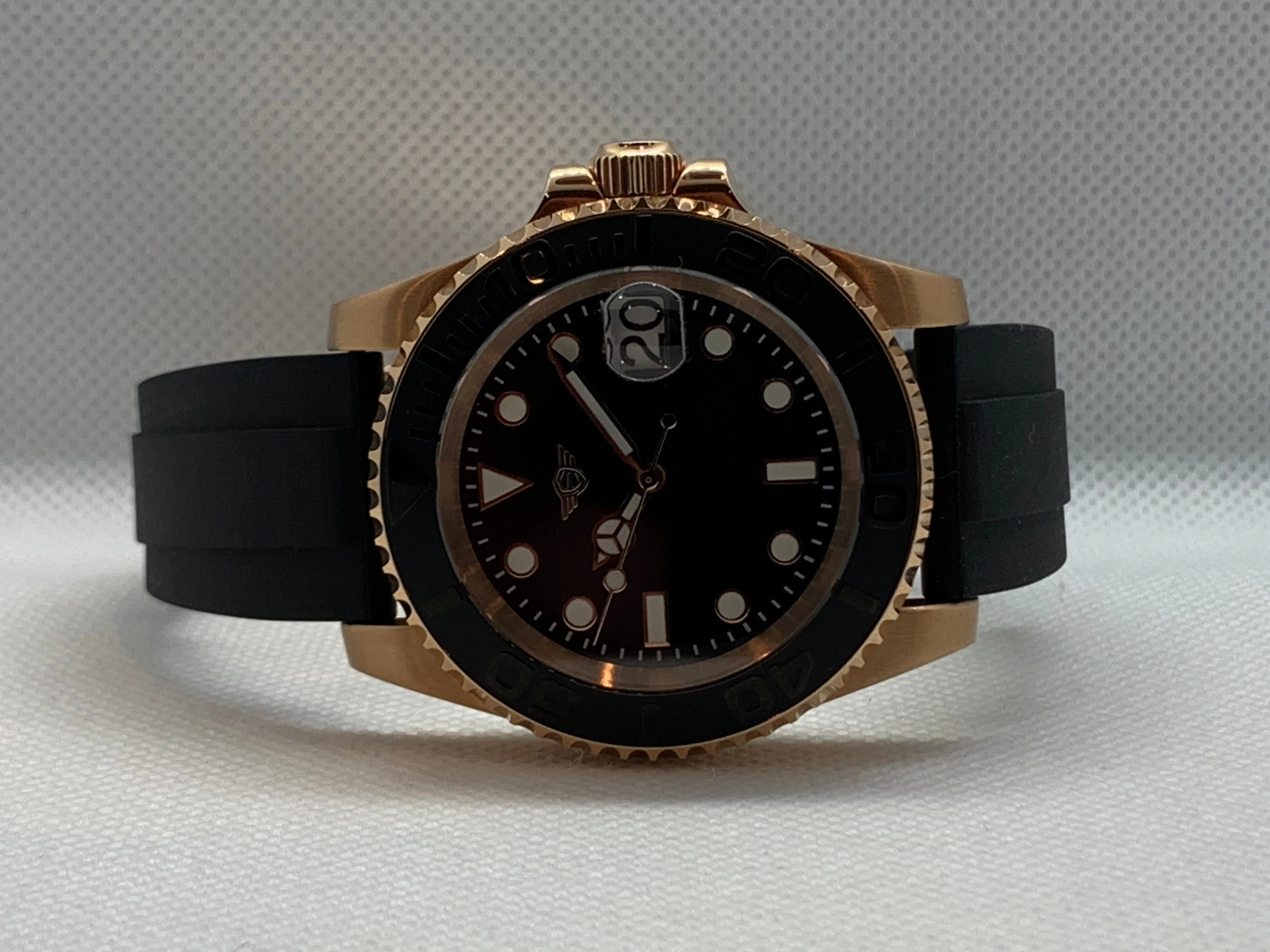 Men's 40MM Watch, Yachtmaster Style, Rose Gold, Sapphire Crystal, Rubber Strap with Rose Gold Clasp