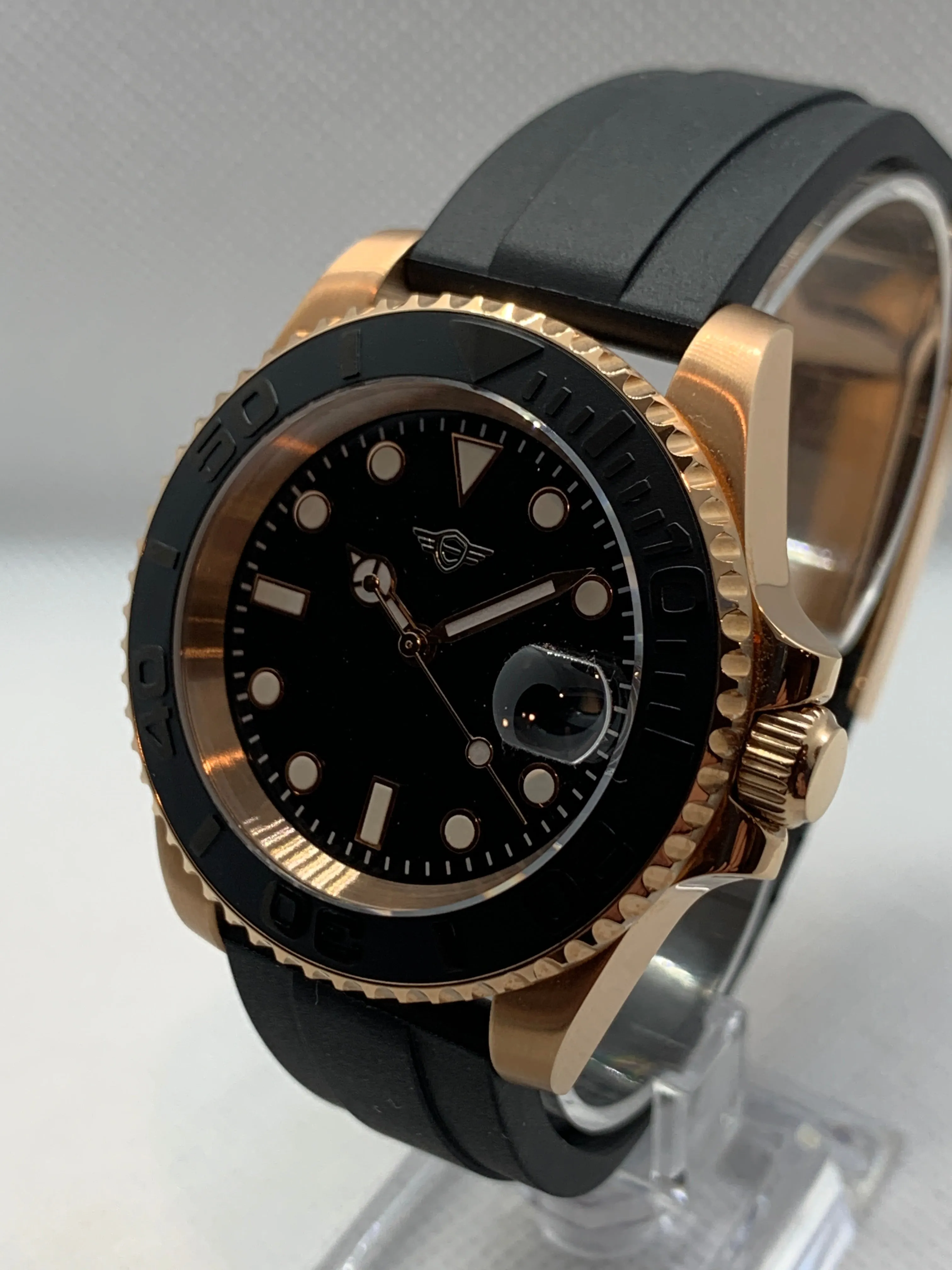 Men's 40MM Watch, Yachtmaster Style, Rose Gold, Sapphire Crystal, Rubber Strap with Rose Gold Clasp