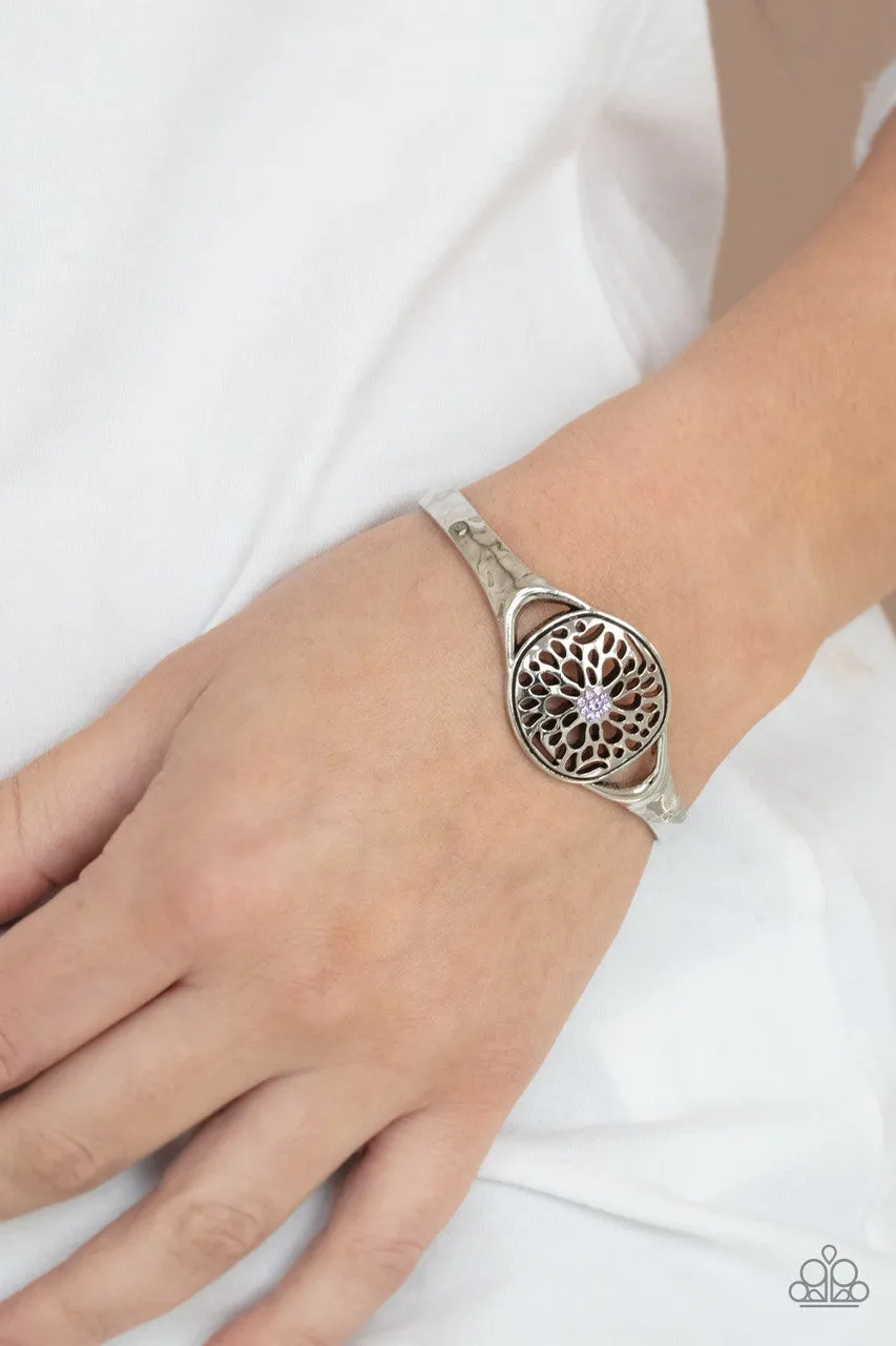 Modern Meadow Purple Flower Filigree Rhinestone Paparazzi Cuff Bracelet