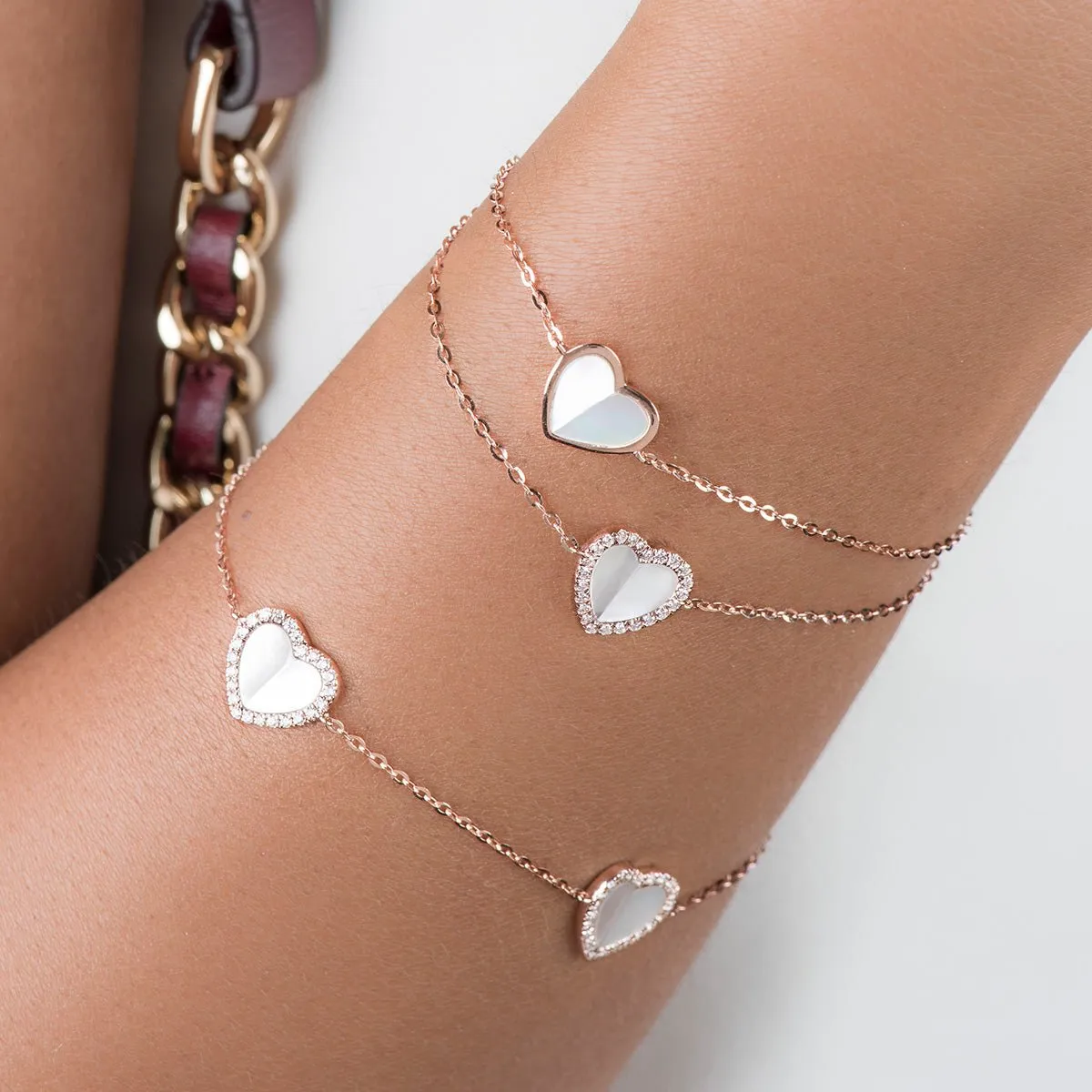 Mother of Pearl and Diamond Halo Heart Triple Station Bracelet