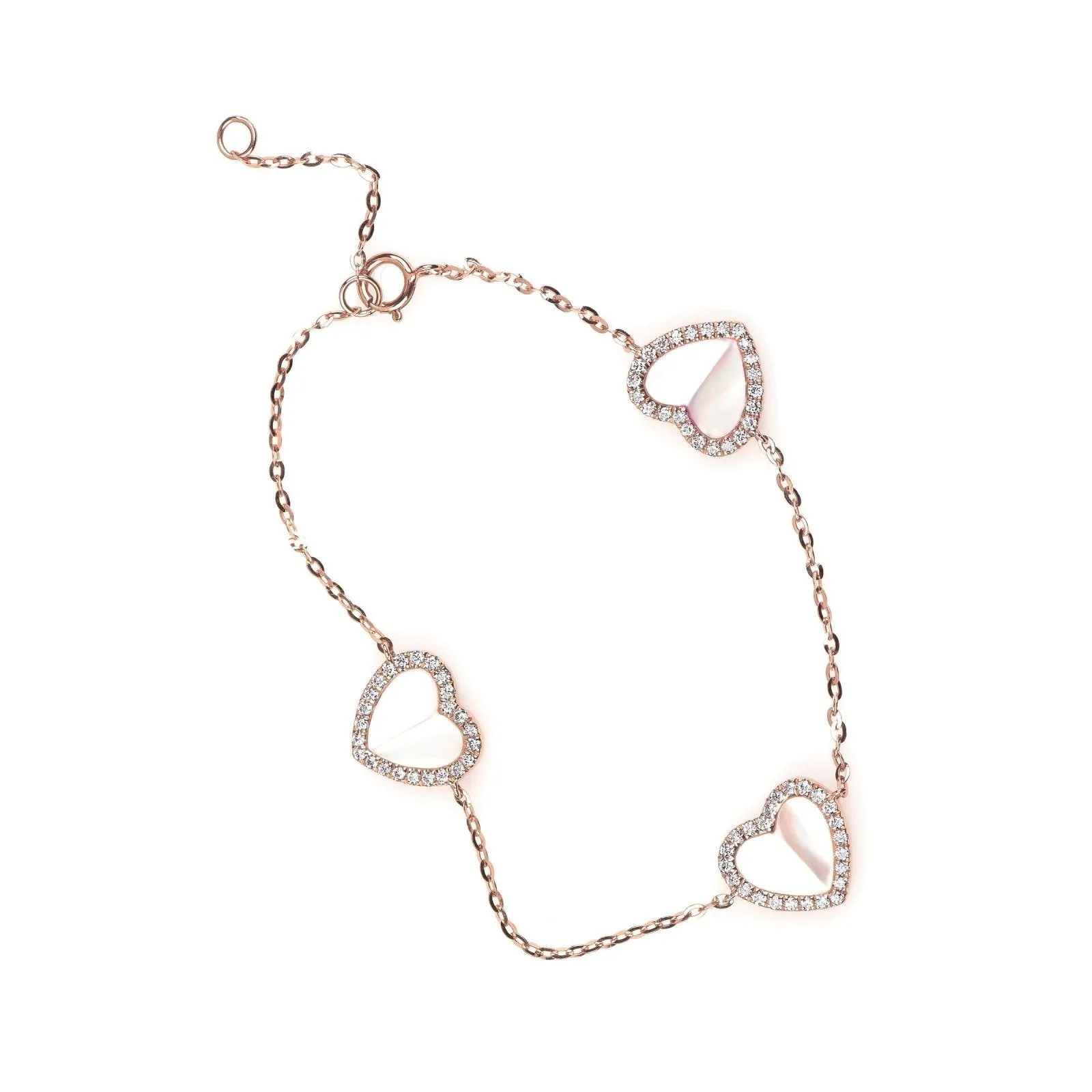 Mother of Pearl and Diamond Halo Heart Triple Station Bracelet