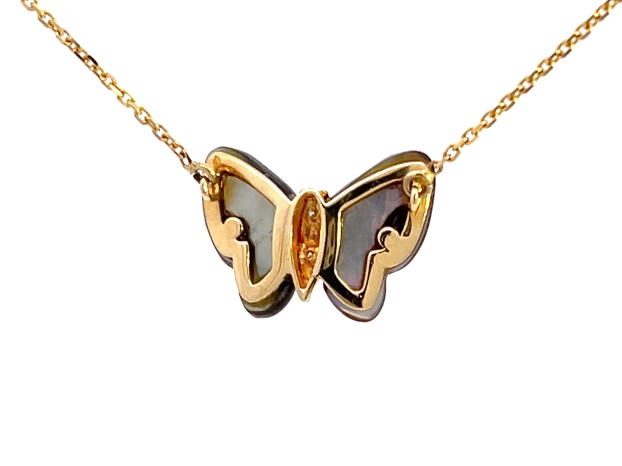 Mother of Pearl Butterfly and Diamond Necklace in 14k Yellow Gold
