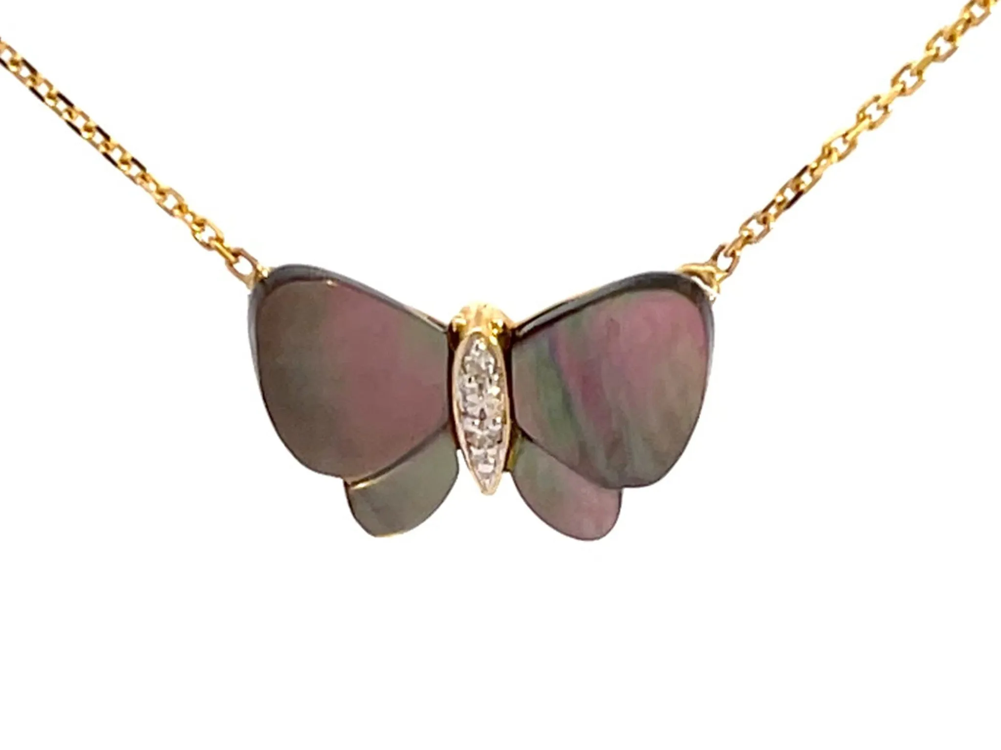 Mother of Pearl Butterfly and Diamond Necklace in 14k Yellow Gold