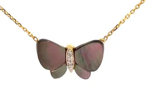Mother of Pearl Butterfly and Diamond Necklace in 14k Yellow Gold