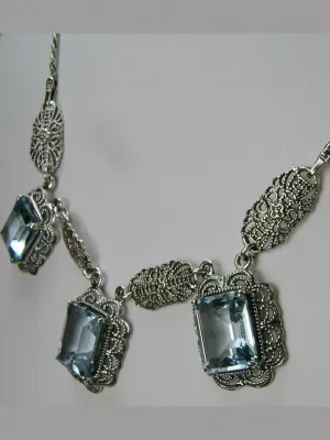 Natural Blue Topaz Festoon Necklace, Triple Gem Antique Style, Vintage Jewelry, P8