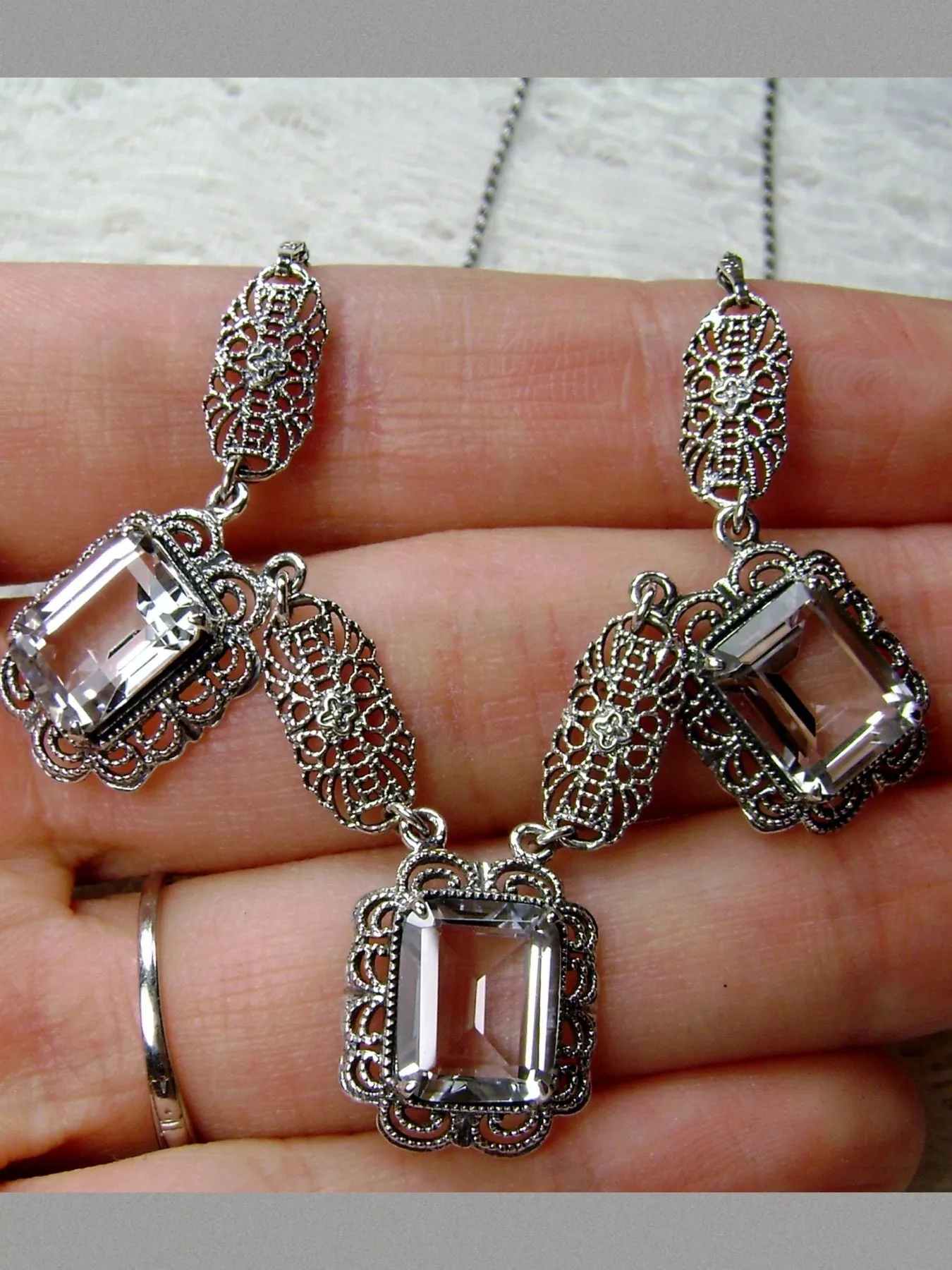 Natural Blue Topaz Festoon Necklace, Triple Gem Antique Style, Vintage Jewelry, P8