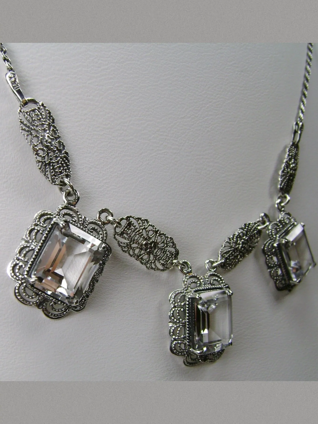Natural Blue Topaz Festoon Necklace, Triple Gem Antique Style, Vintage Jewelry, P8