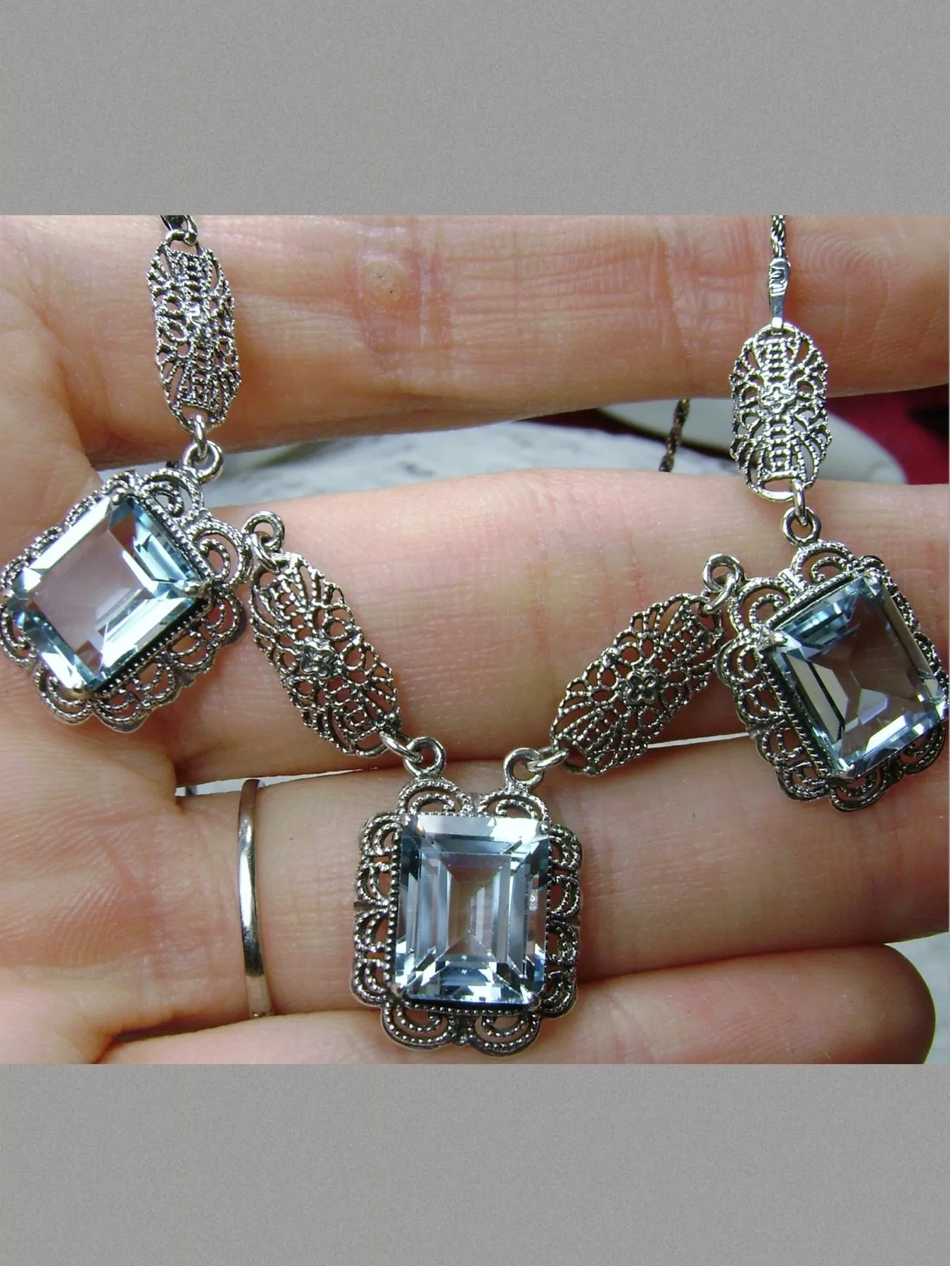 Natural Blue Topaz Festoon Necklace, Triple Gem Antique Style, Vintage Jewelry, P8