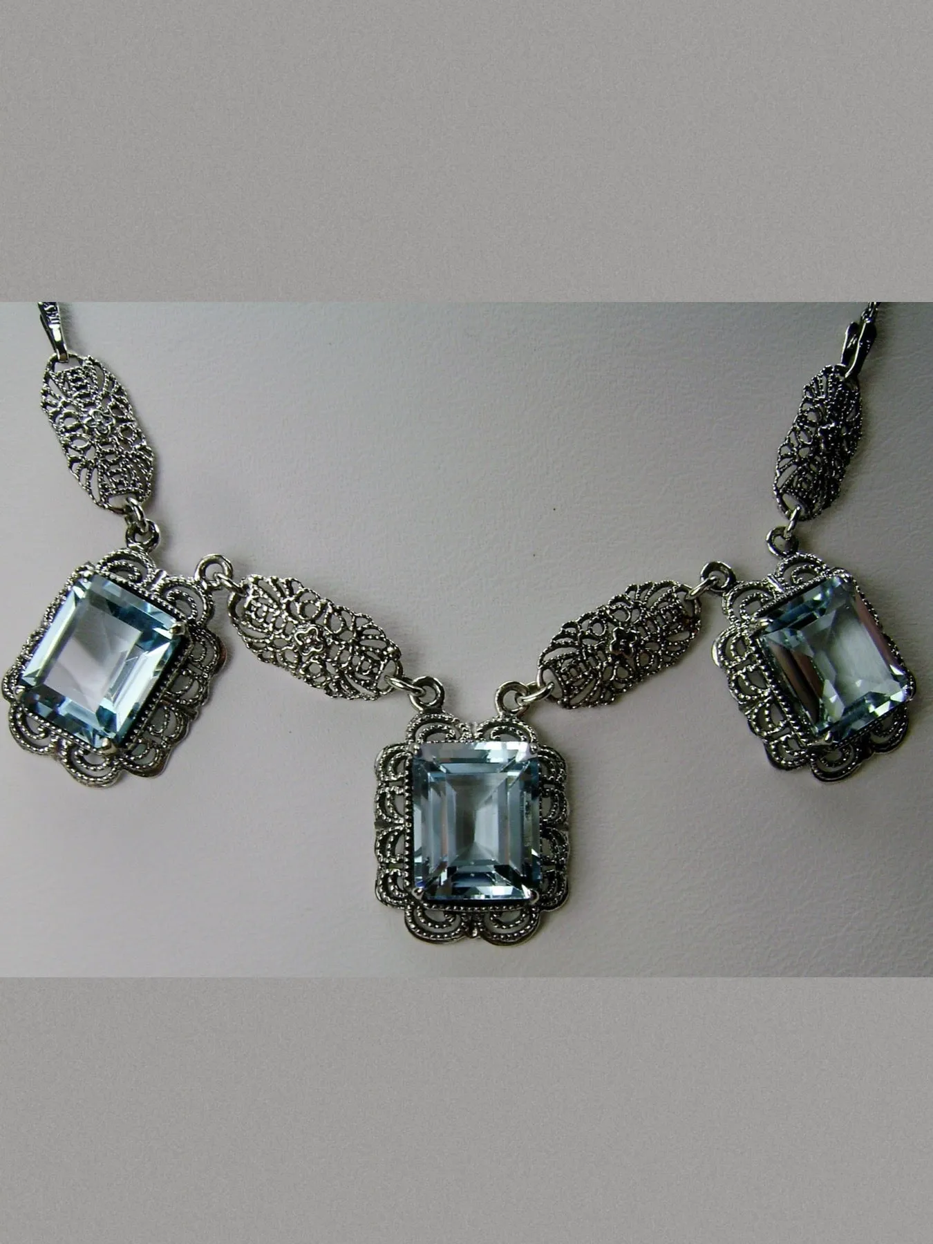 Natural Blue Topaz Festoon Necklace, Triple Gem Antique Style, Vintage Jewelry, P8