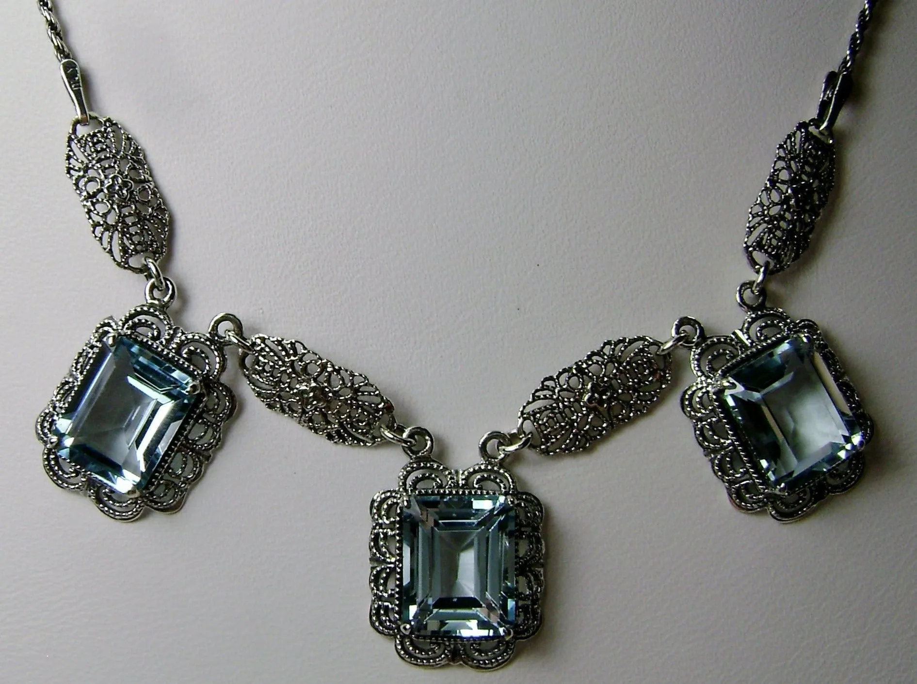 Natural Blue Topaz Festoon Necklace, Triple Gem Antique Style, Vintage Jewelry, P8