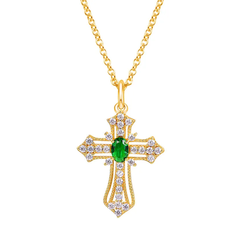 Natural Emerald Cross Pendant Necklace