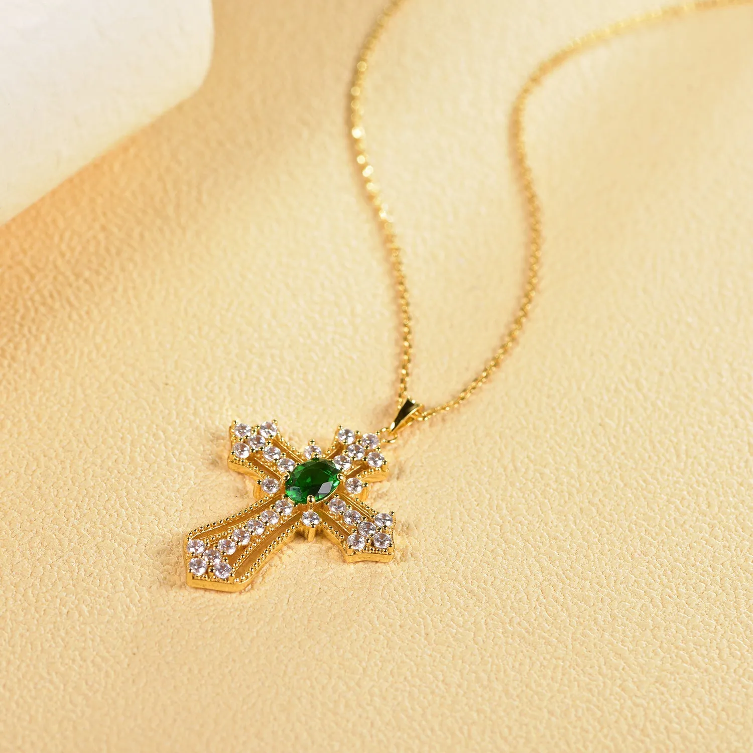 Natural Emerald Cross Pendant Necklace