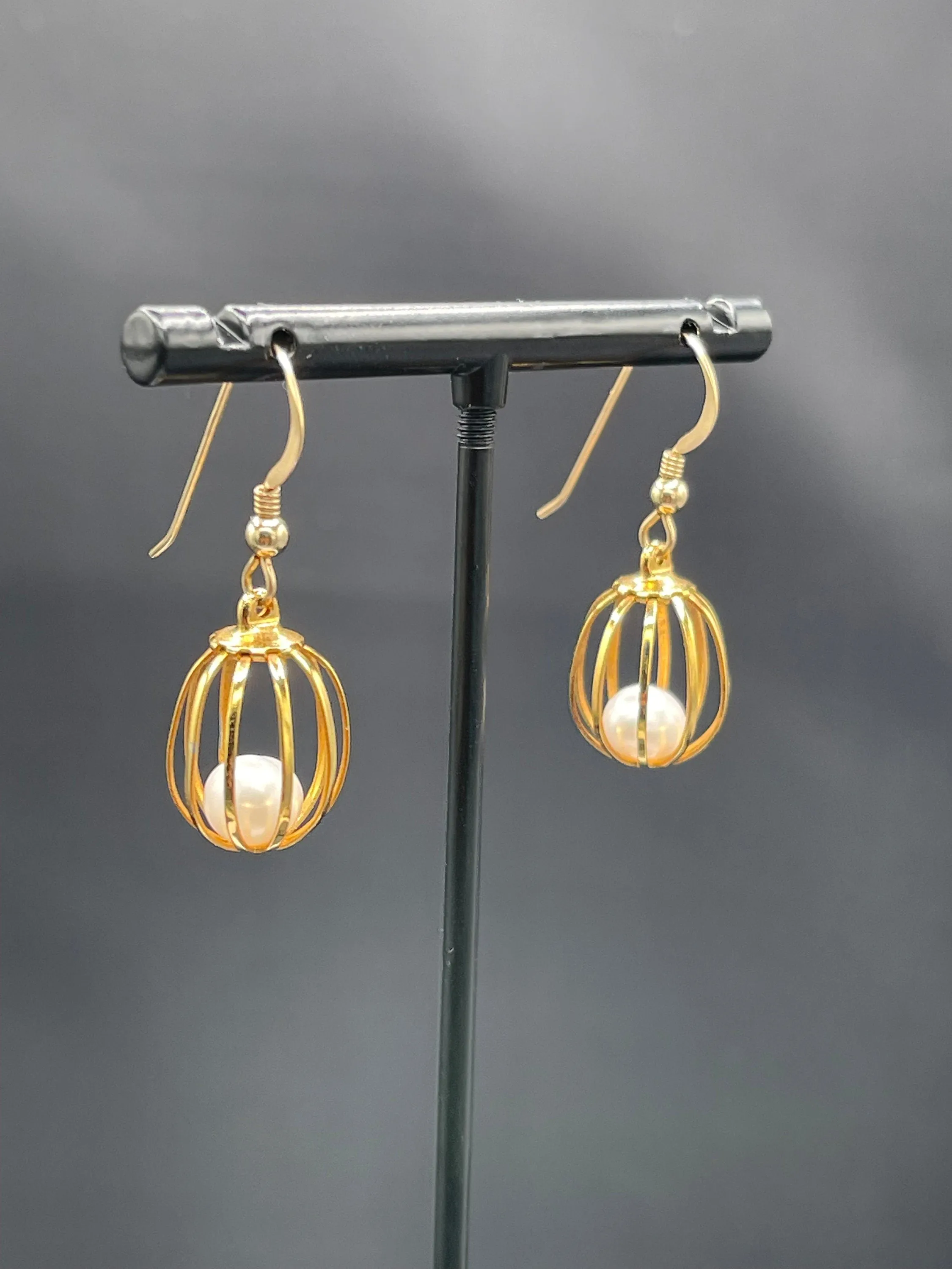 Natural Freshwater Pearl 14k Gold Filled Handmade Cage Dangle Earrings