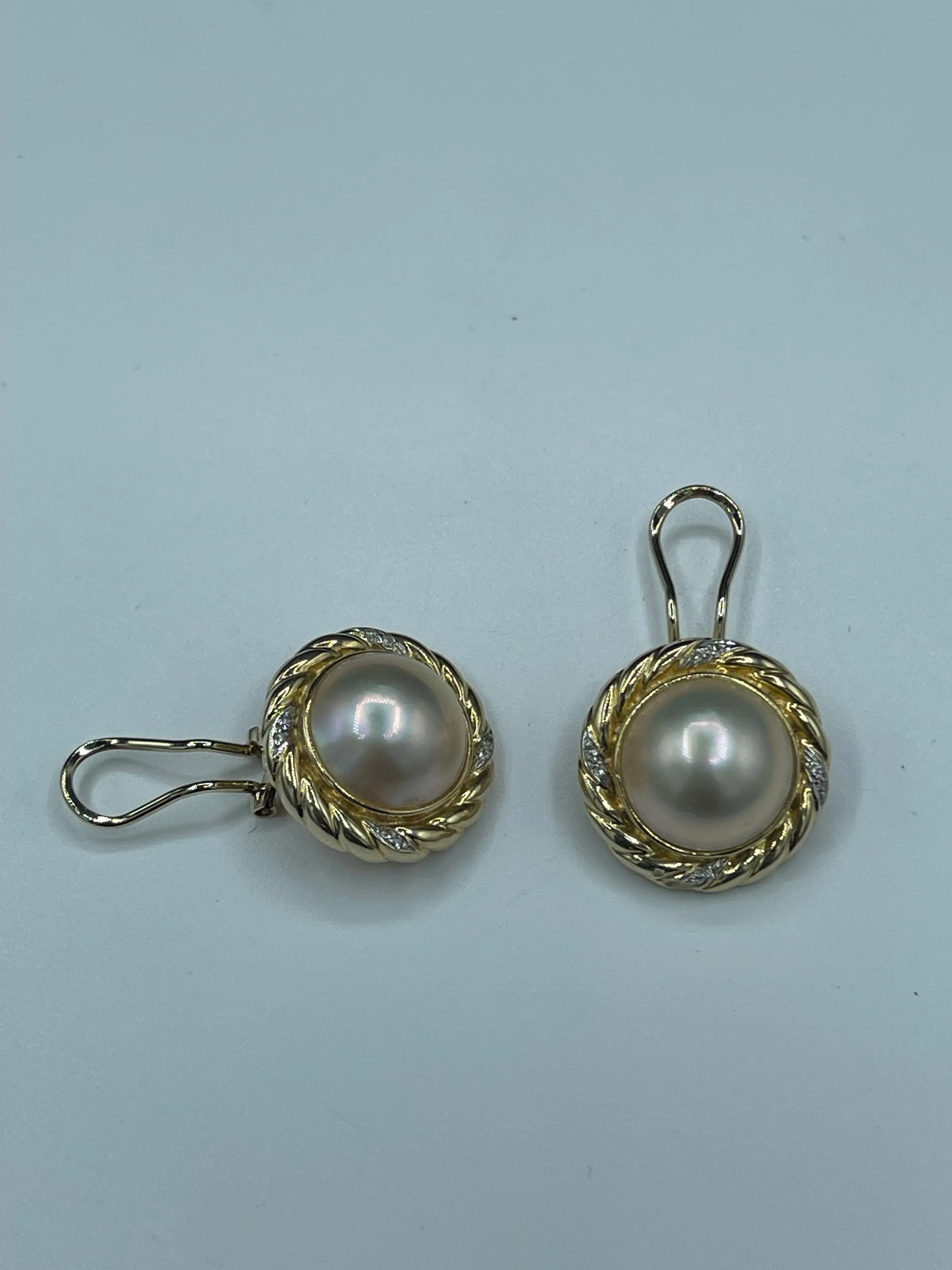 Natural Mabe Pearl & Diamond 14k Yellow Gold Omega Clip On Earrings