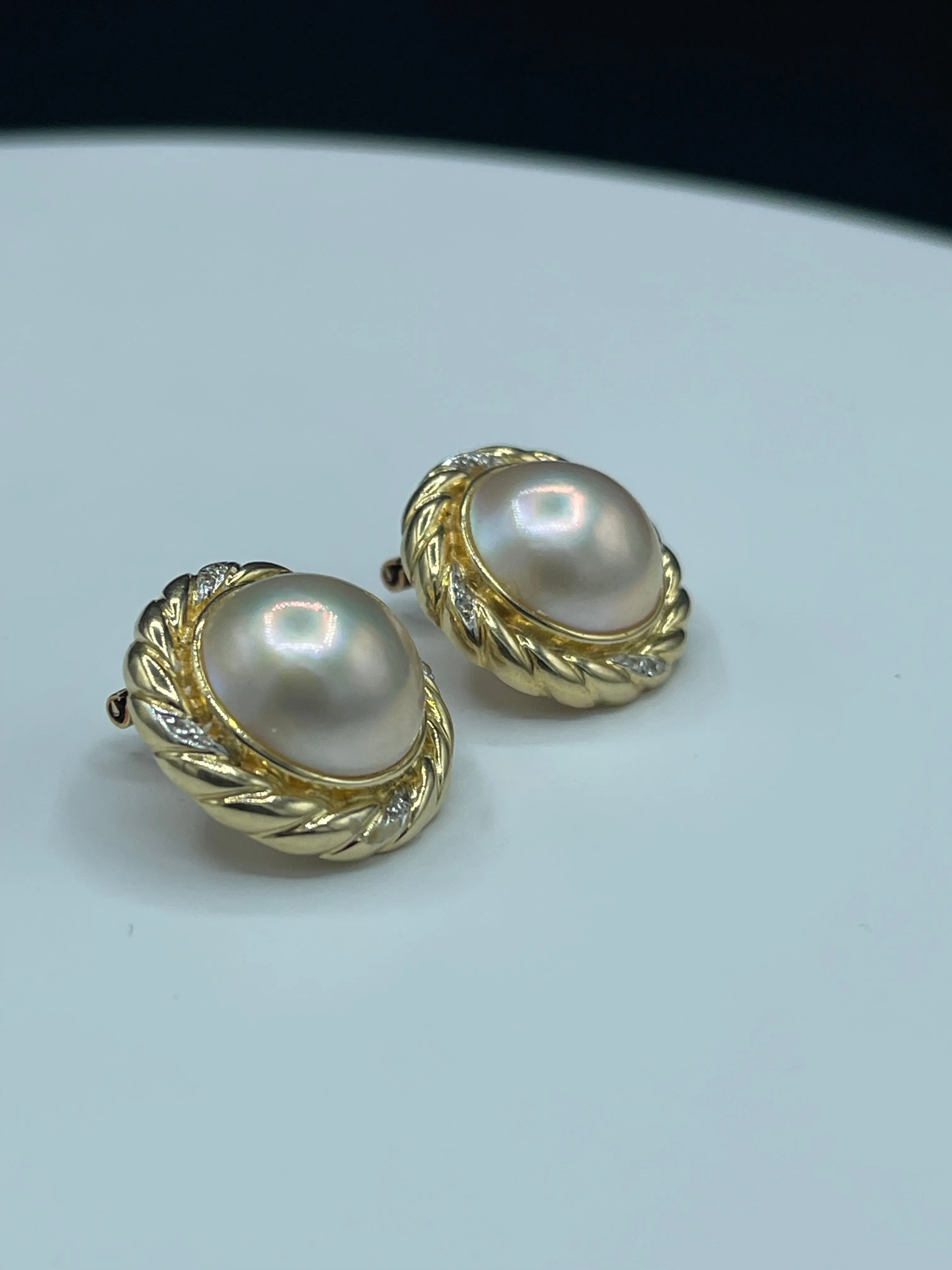Natural Mabe Pearl & Diamond 14k Yellow Gold Omega Clip On Earrings