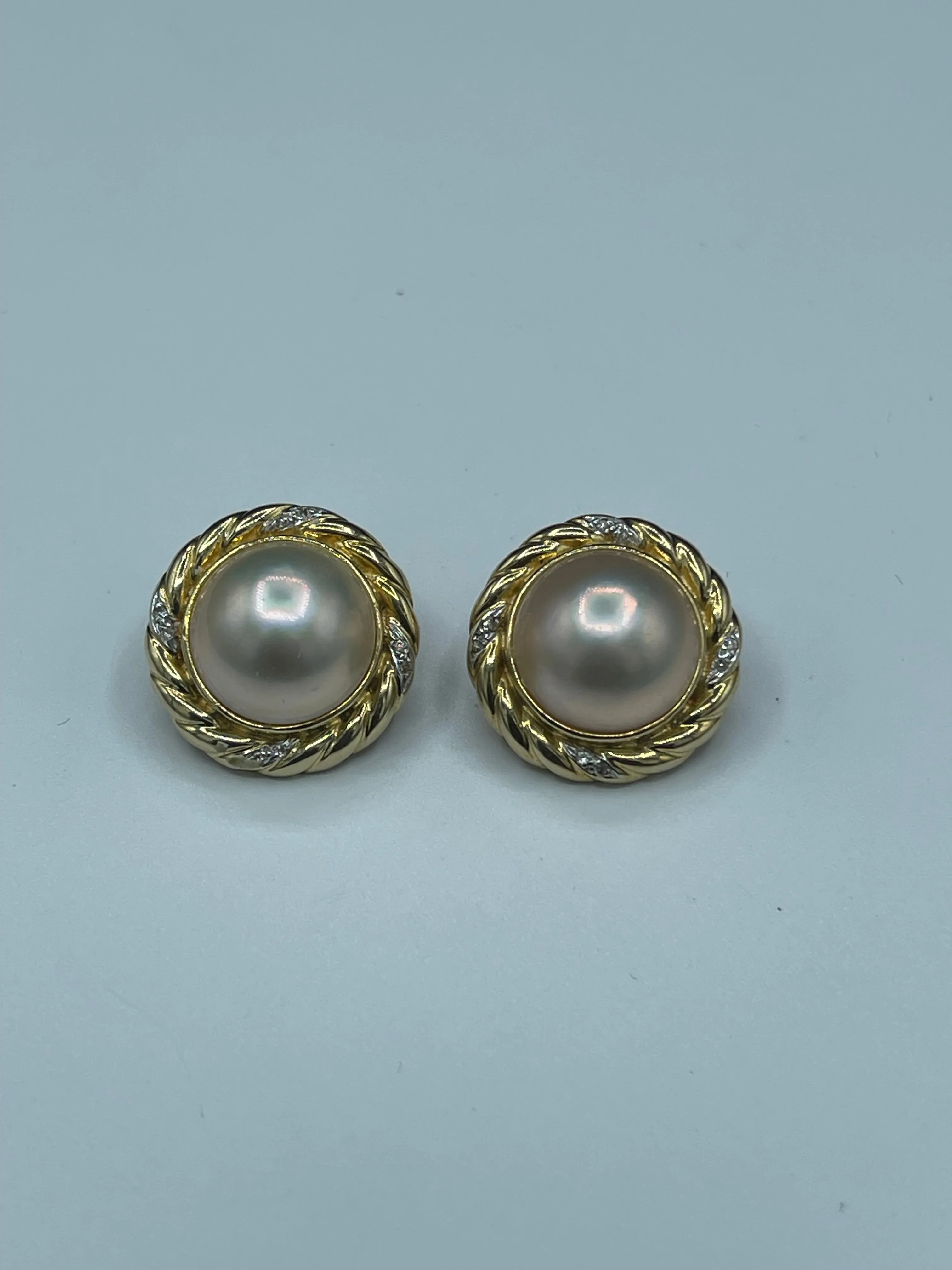 Natural Mabe Pearl & Diamond 14k Yellow Gold Omega Clip On Earrings