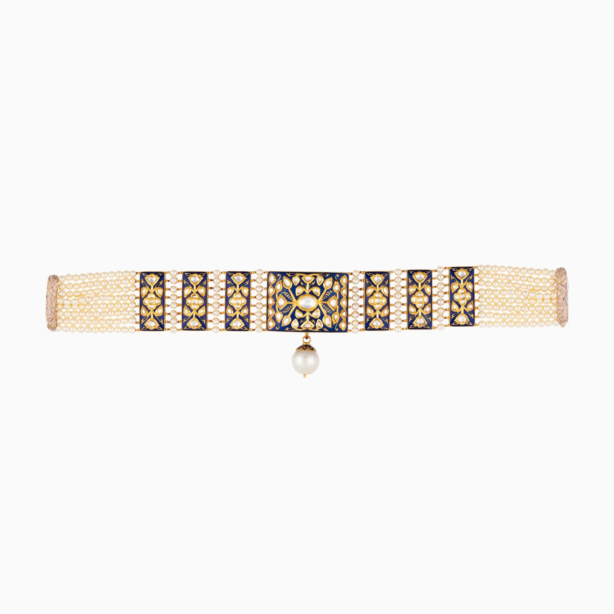 Necklace with Uncut Polki Diamond, Japanese Pearls and S.S. Pearls-KMNE2215