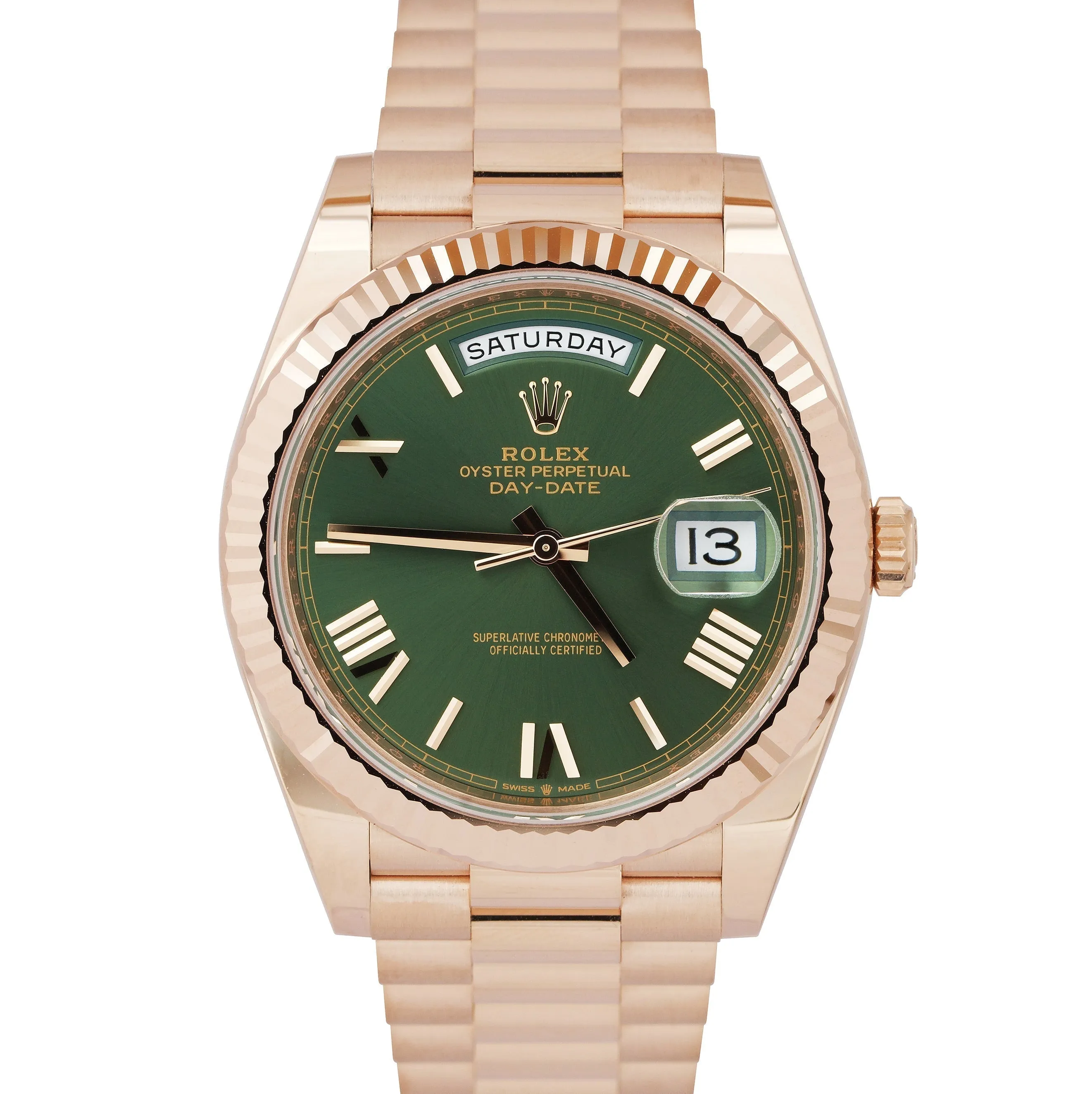 NEW 2023 Rolex Day-Date 40mm Olive Green President 18K Rose Gold 228235 BOX CARD