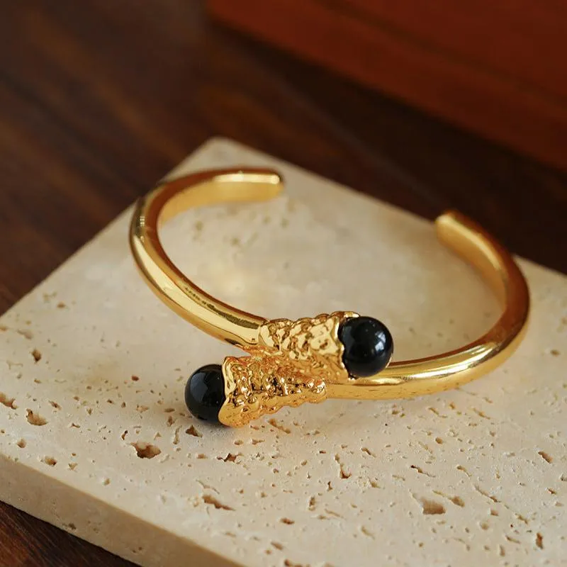 Niche Metal Wind Lava Water Drop Agate Open Bangle Bracelet-Black Onyx