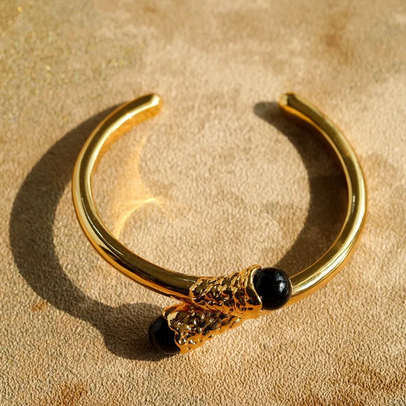 Niche Metal Wind Lava Water Drop Agate Open Bangle Bracelet-Black Onyx