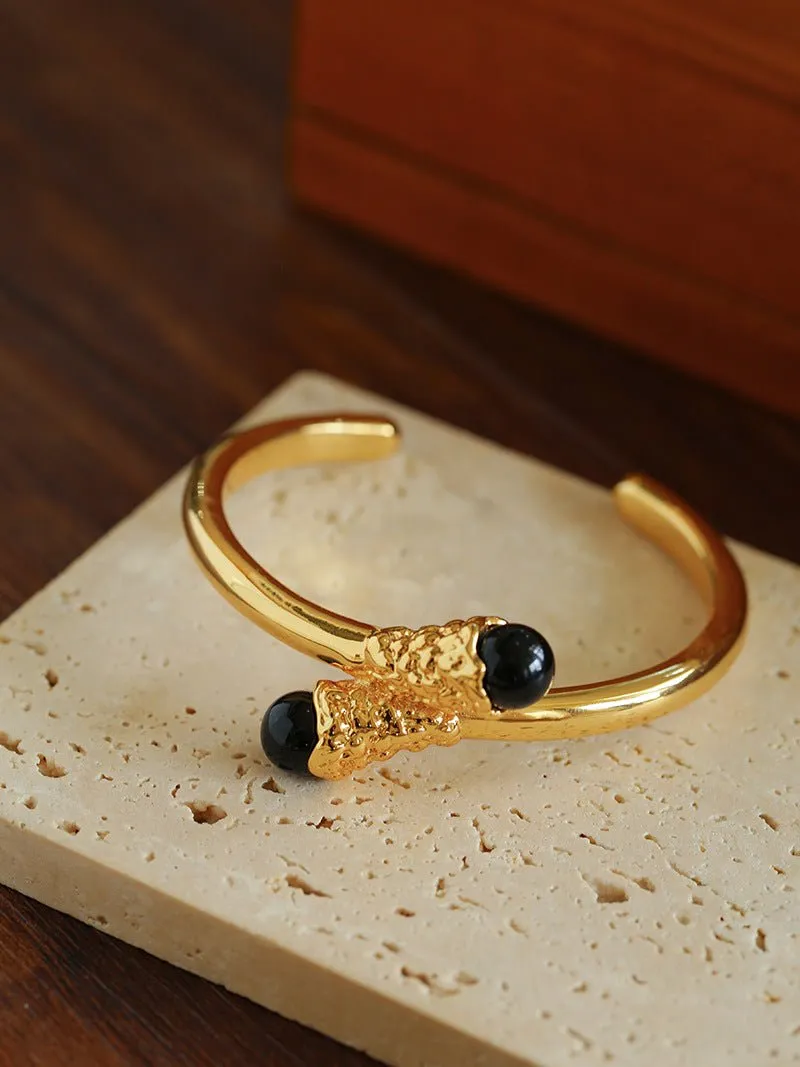 Niche Metal Wind Lava Water Drop Agate Open Bangle Bracelet-Black Onyx