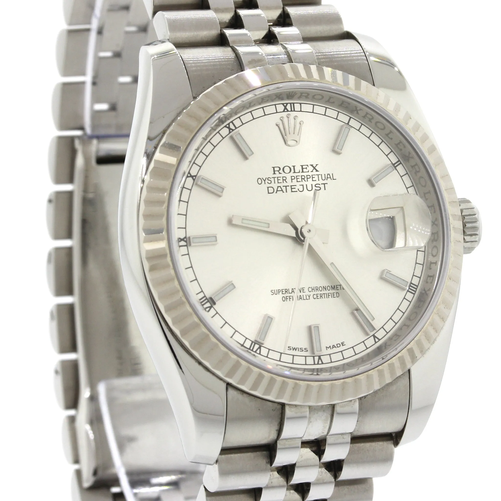 PAPERS Rolex DateJust Fluted White Gold Steel Jubilee 36mm Silver 116234 Watch